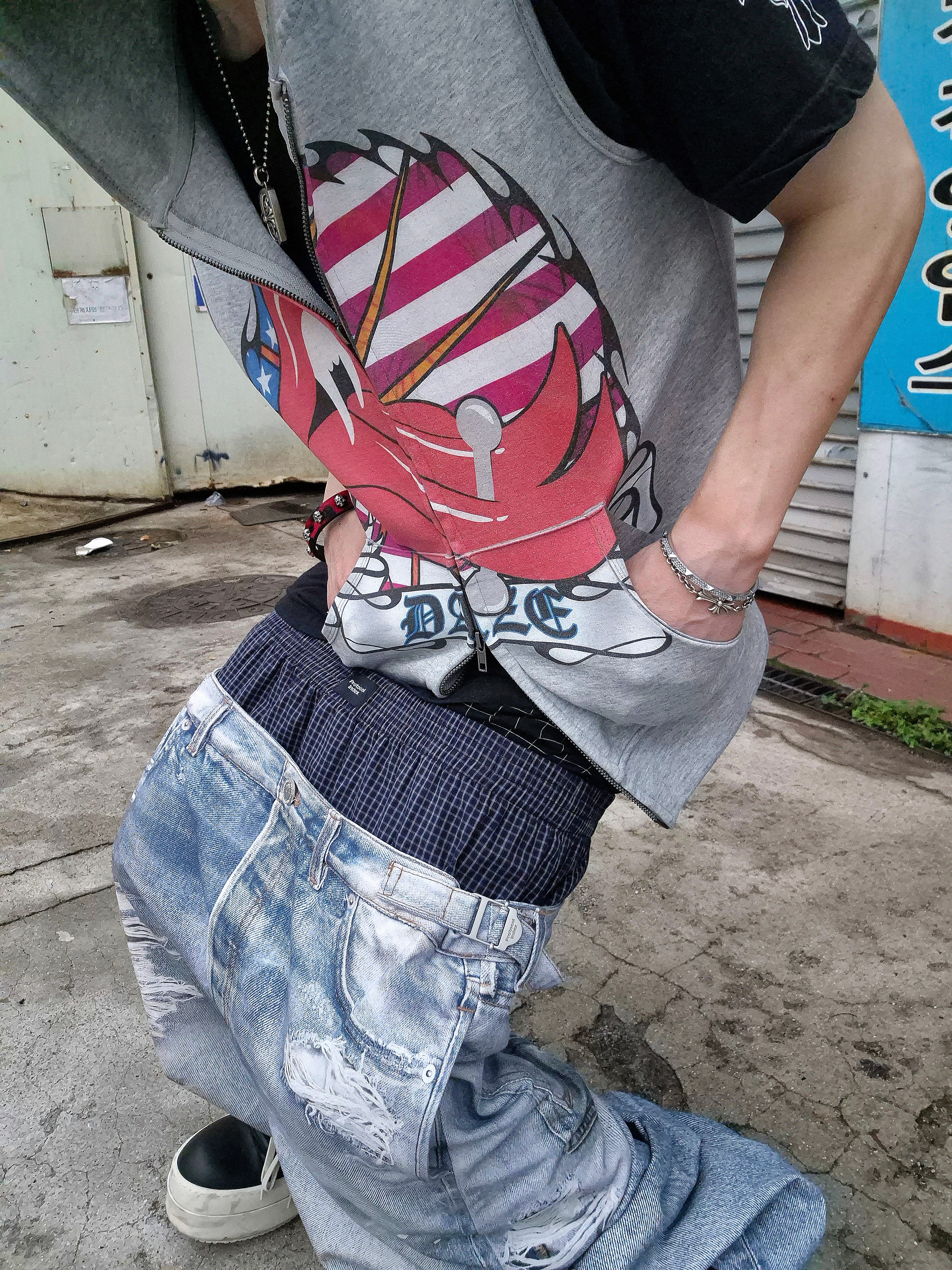 Rick Owens Mega Bumper Geobasket Black Milk, Protocol Index Trompe L'oeil Layered Pants Blue 착용 스타일 - 3