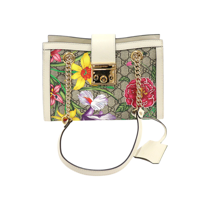구찌 498156 GG 수프림 캔버스 화이트 FLORA 플라워 패들락 스몰 체인 숄더백(Gucci 498156 GG Supreme Canvas White Flora Flower Padlock Small Chain Shoulder Bag) - 1