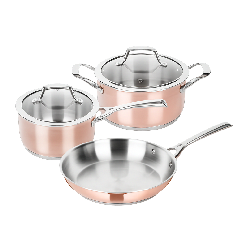 비알케이 모던쉐프 코퍼 통3중 냄비 후라이팬 3종 (편수16cm+양수20cm+ F/P24cm)(BRK Modern Chef Copper 3‑Ply Cookware 3‑Piece Set (16cm Saucepan + 20cm Casserole + 24cm Frypan)) - 1