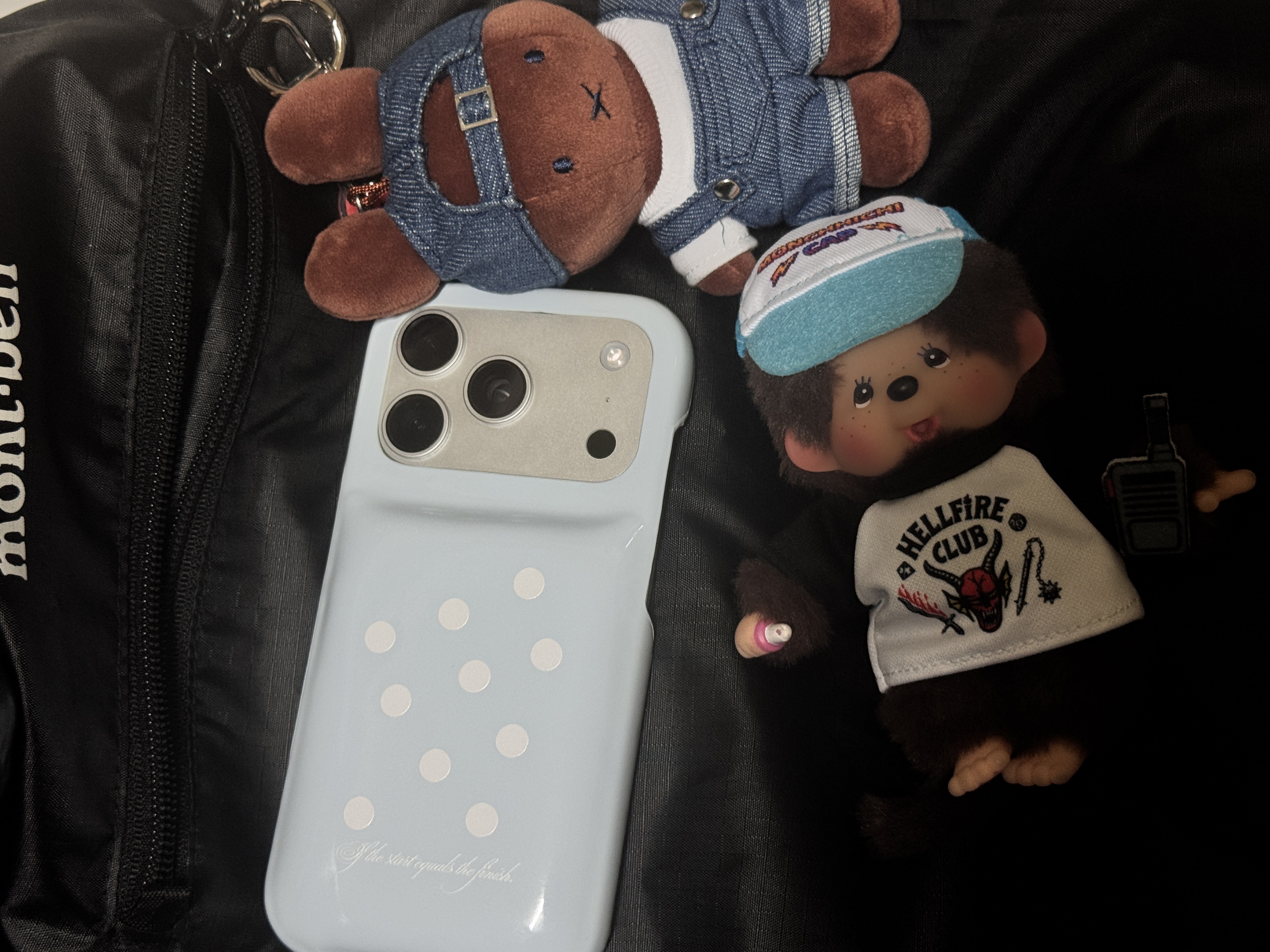 MOCKGA Dot Case (Sky blue), Monchhichi x Strange Things Key Chain Hellfire Club 착용 스타일