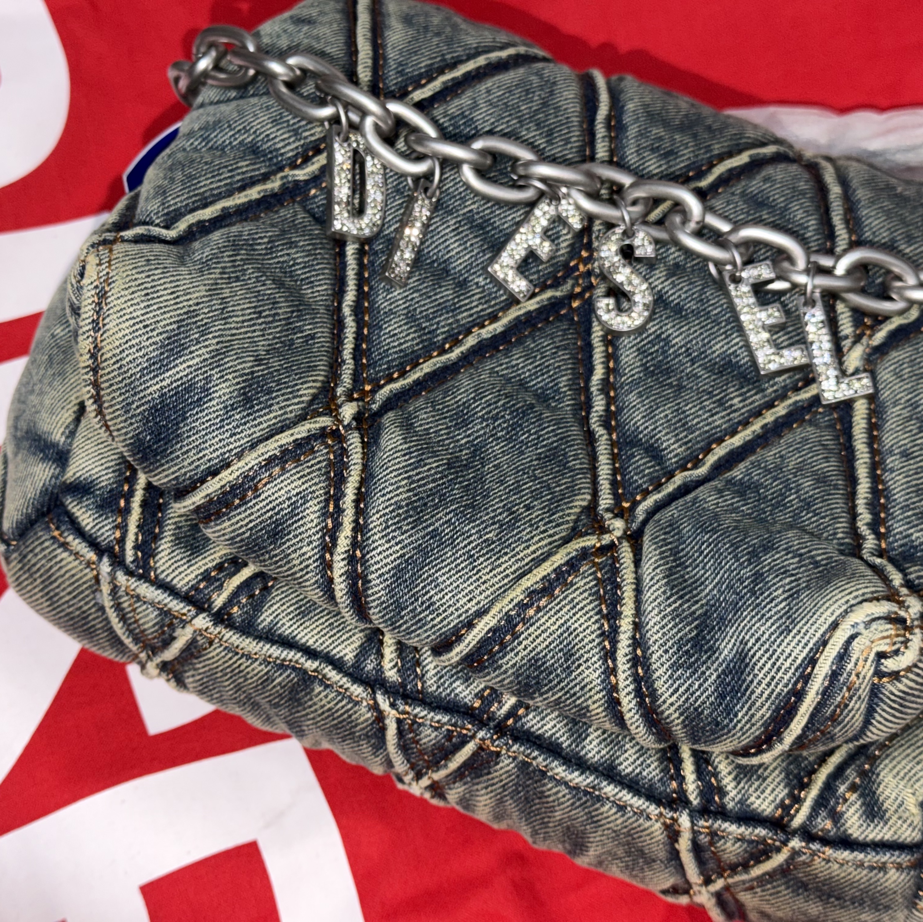 (W) Diesel Charm-D Shoulder S - Small Hand Bag in Quilted Denim Dark Blue 착용 스타일