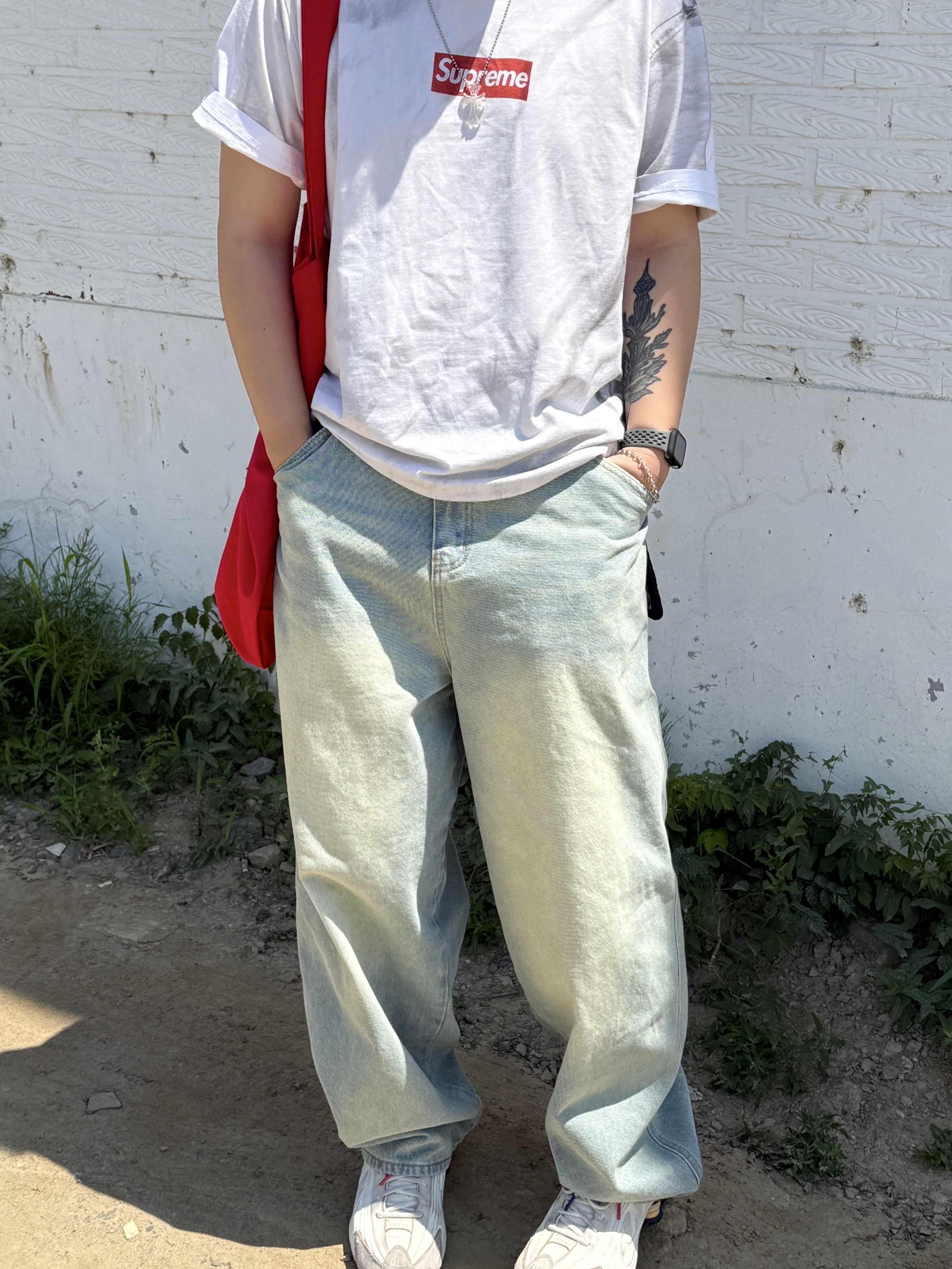 Depc Logo Eco Bag Red, Suade Contour Pocket Denim Vintage Blue 착용 스타일 - 2