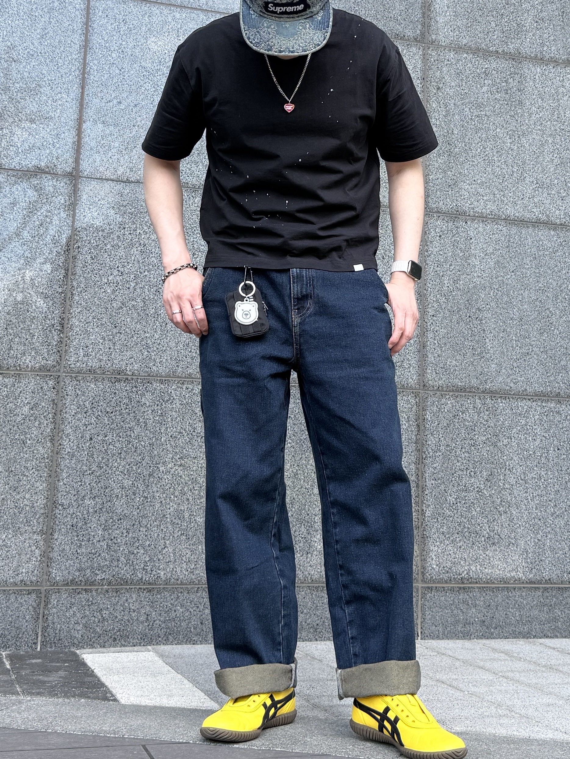 Supreme Bandana Jacquard Denim Camp Cap Blue - 25SS, Human Made Heart Necklace Red 착용 스타일