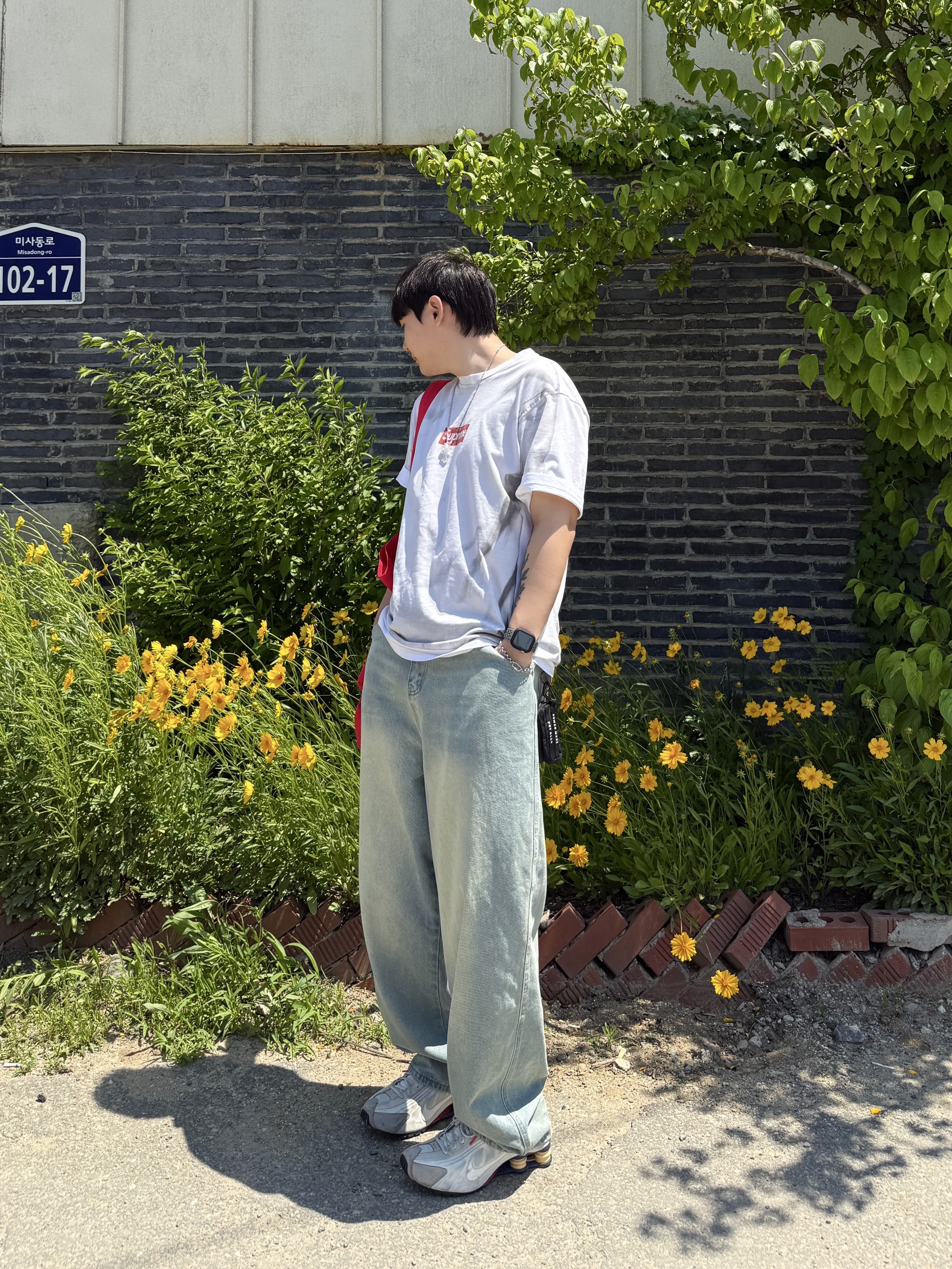 Depc Logo Eco Bag Red, Suade Contour Pocket Denim Vintage Blue 착용 스타일 - 3