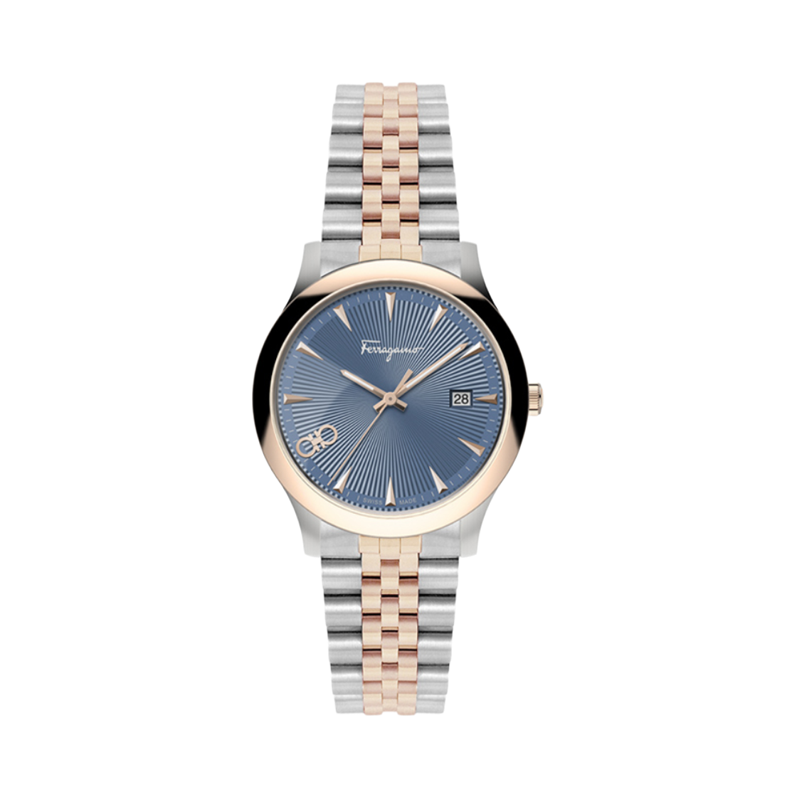 (W) 페라가모 더블 간치니 로고 쿼츠 28mm 스테인리스 스틸 로즈 골드 블루((W) Ferragamo Double Gancini Logo Quartz 28mm Stainless Steel Rose Gold Blue)