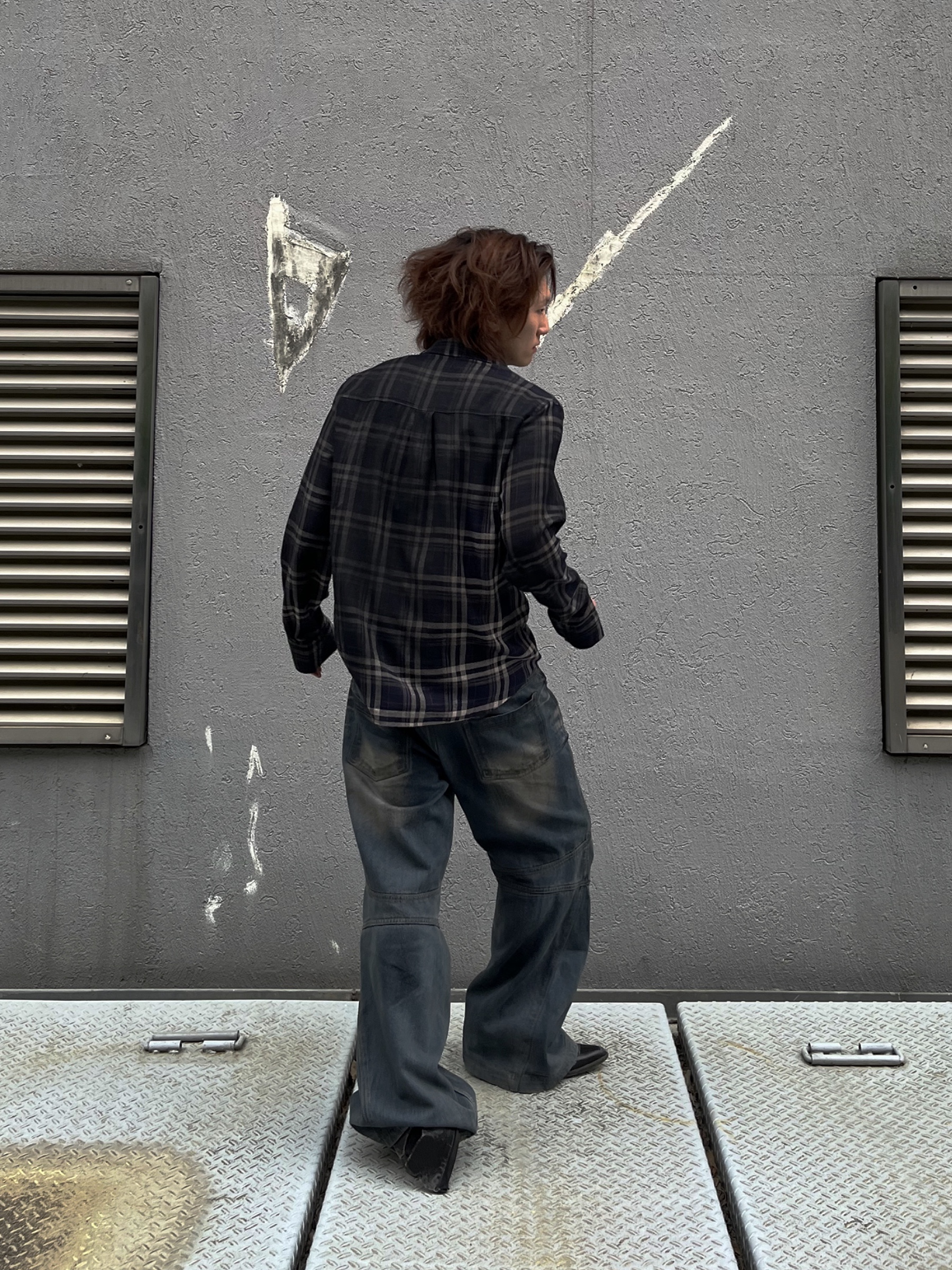 BLR Vintage Faded Check Shirt, BLR Double Yoke Oil Washed Bootcut Denim Pants 착용 스타일 - 4