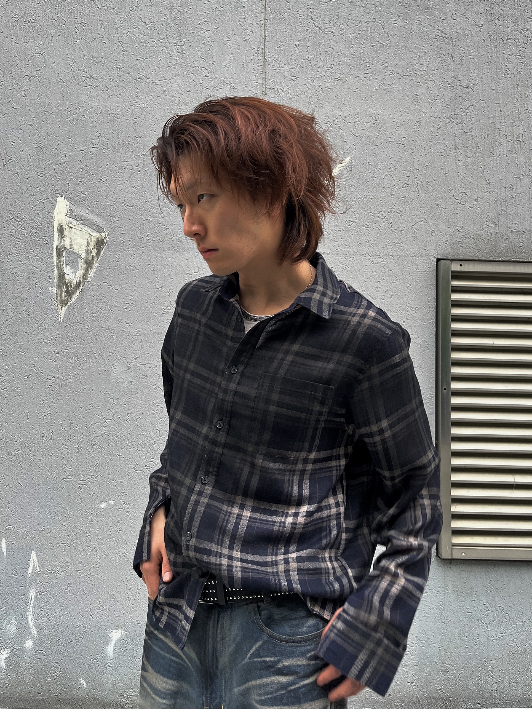 BLR Vintage Faded Check Shirt, BLR Double Yoke Oil Washed Bootcut Denim Pants 착용 스타일 - 2