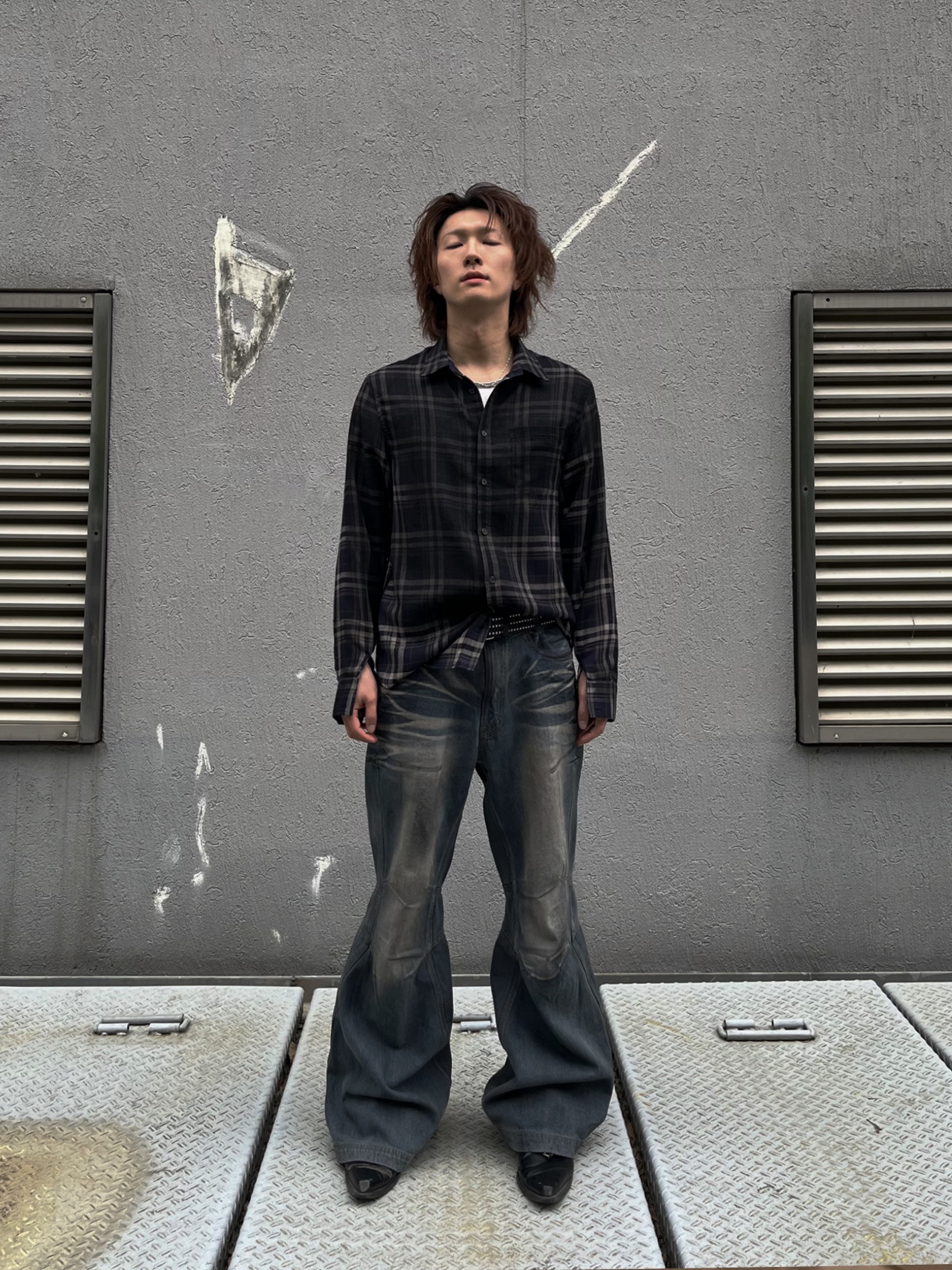 BLR Vintage Faded Check Shirt, BLR Double Yoke Oil Washed Bootcut Denim Pants 착용 스타일 - 1