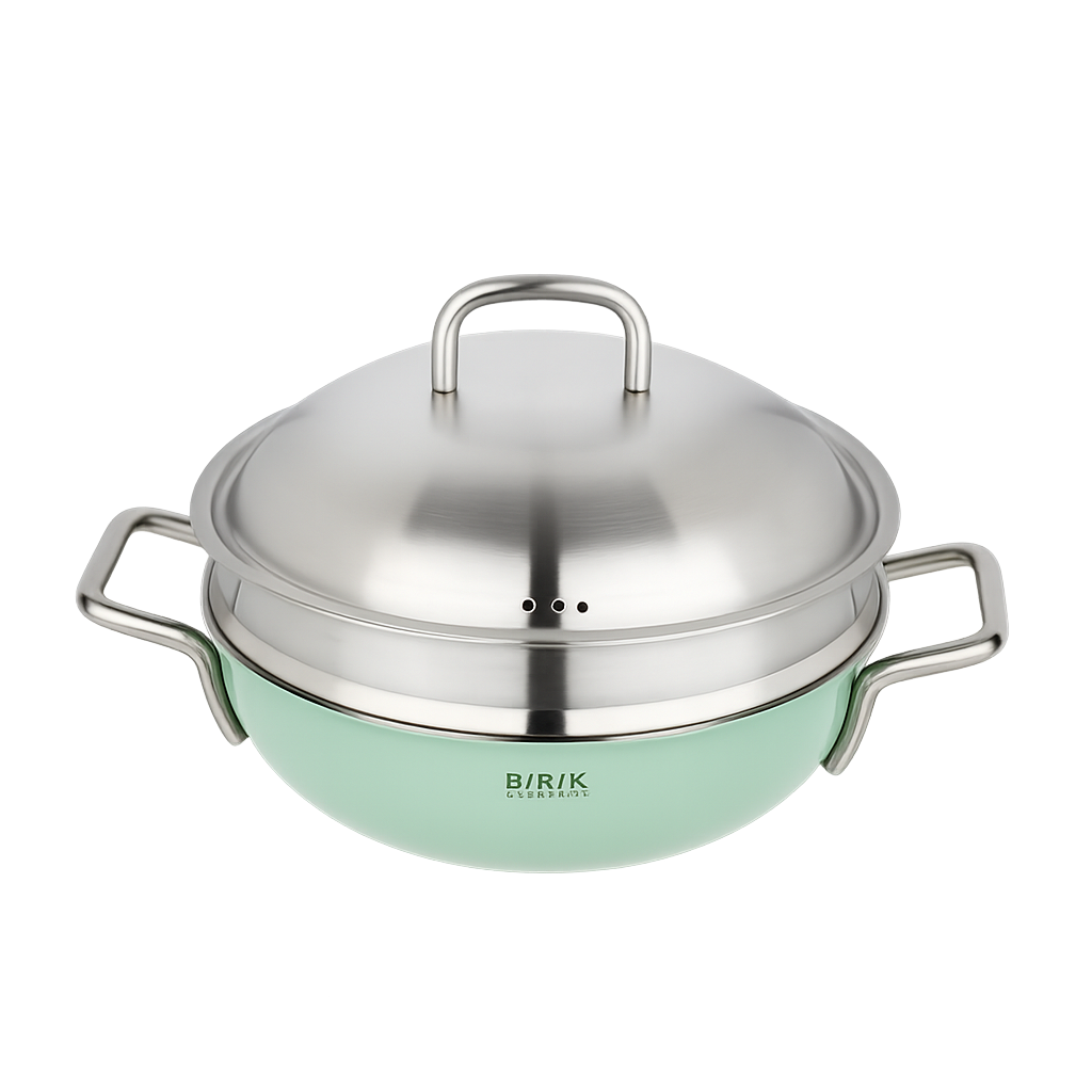비알케이 노르딕 통5중 WOK 24cm 그린(스티머 포함)(BRK Nordic 5‑Ply Wok 24cm Green (with Steamer))