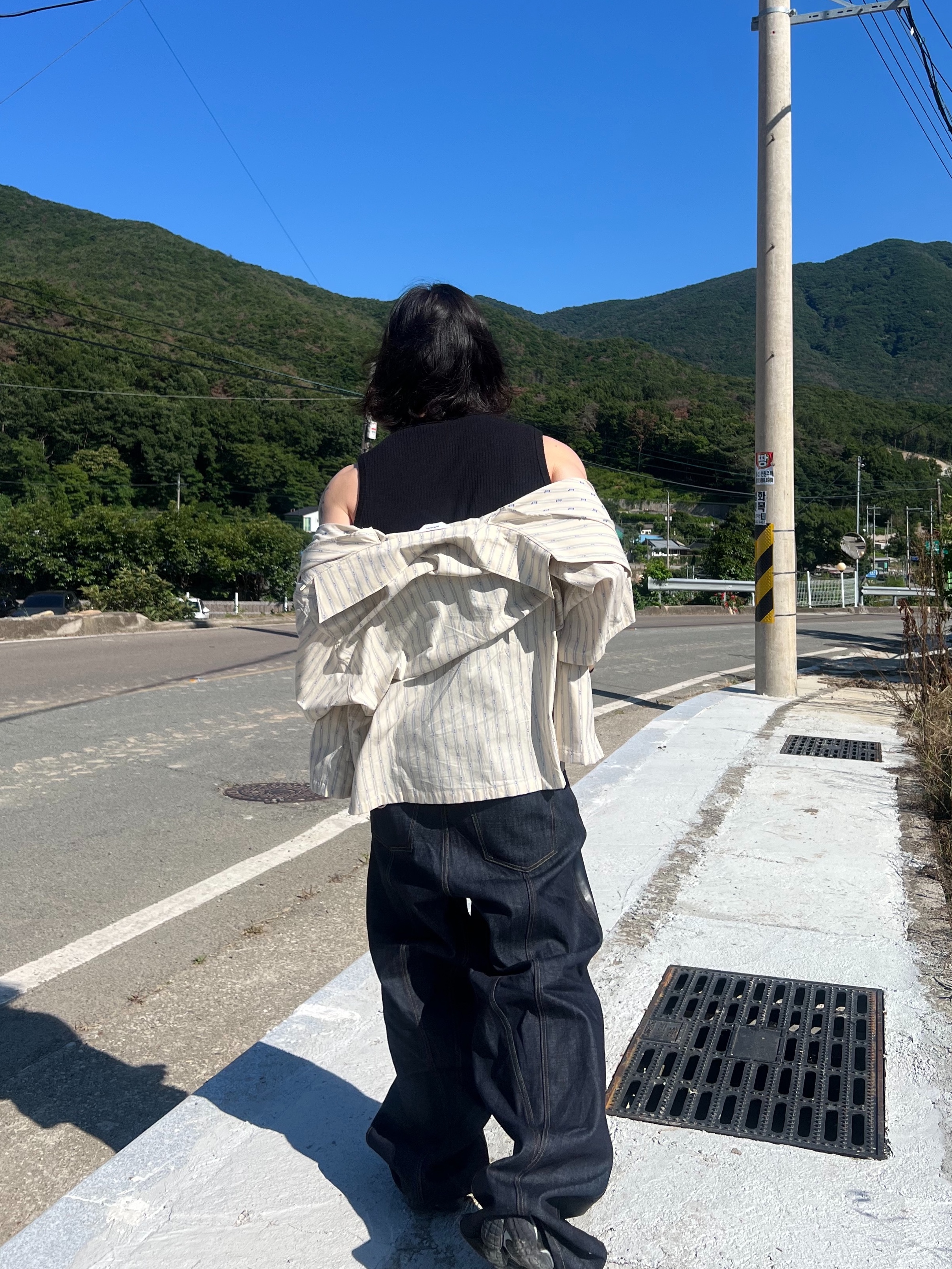 Nonnod Vacation Shirt Yellow Stipe, emostanceclub Leather Panel Half and Half Denim Indigo 착용 스타일 - 7