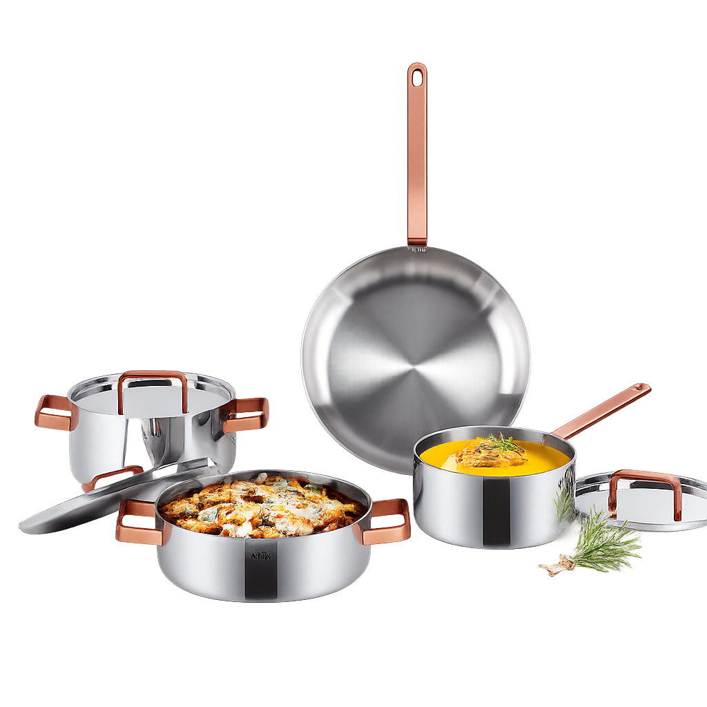 BRK043 BRK Rose Gold 5‑Ply Pot & Frypan 4‑Piece Set (18cm Saucepan + 20cm Casserole + 24cm Shallow Pot + 28cm Frypan)