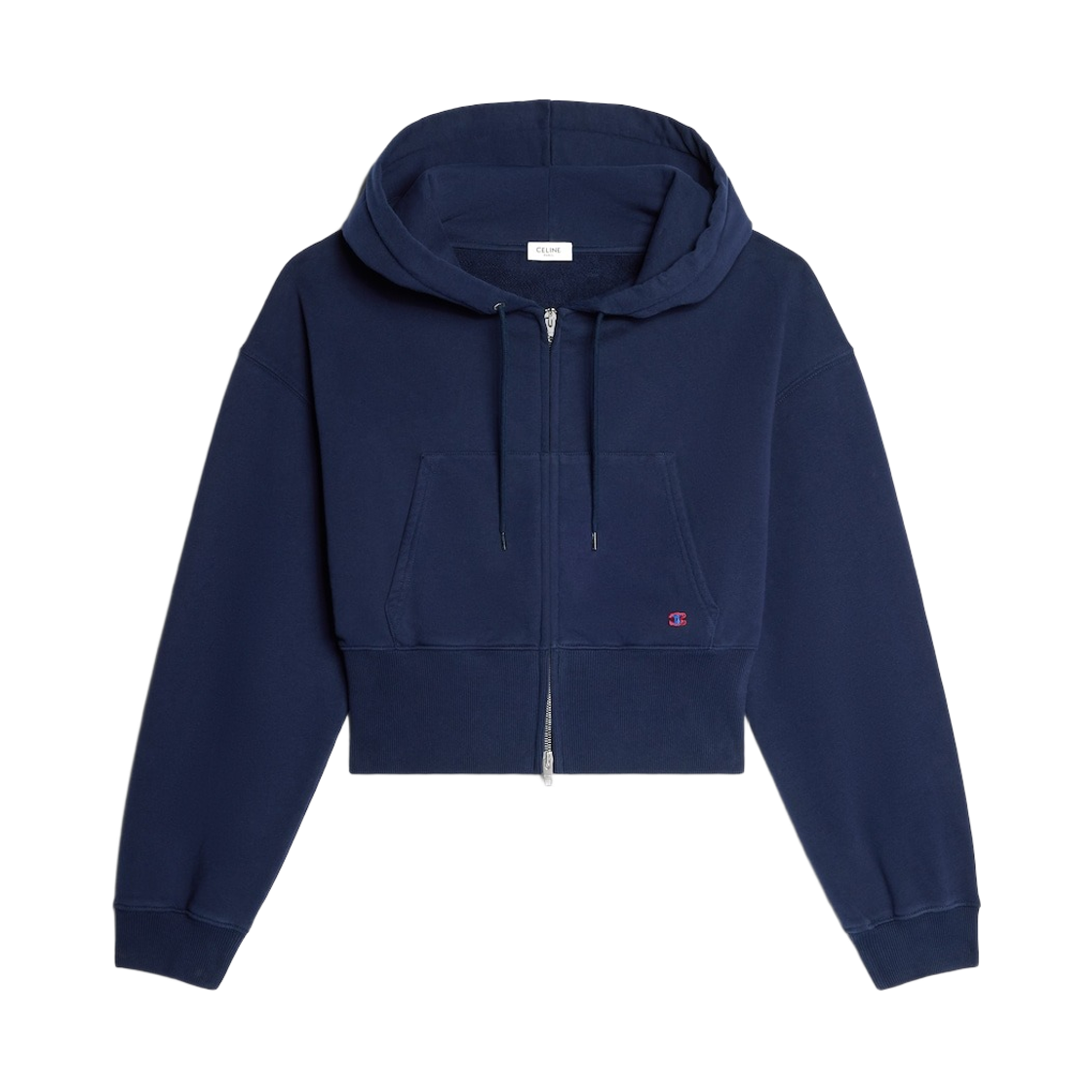 RY0U6510Z-GKK9 (W) Celine Cropped Zipped Hoodie in Cotton Fleece Navy Ink