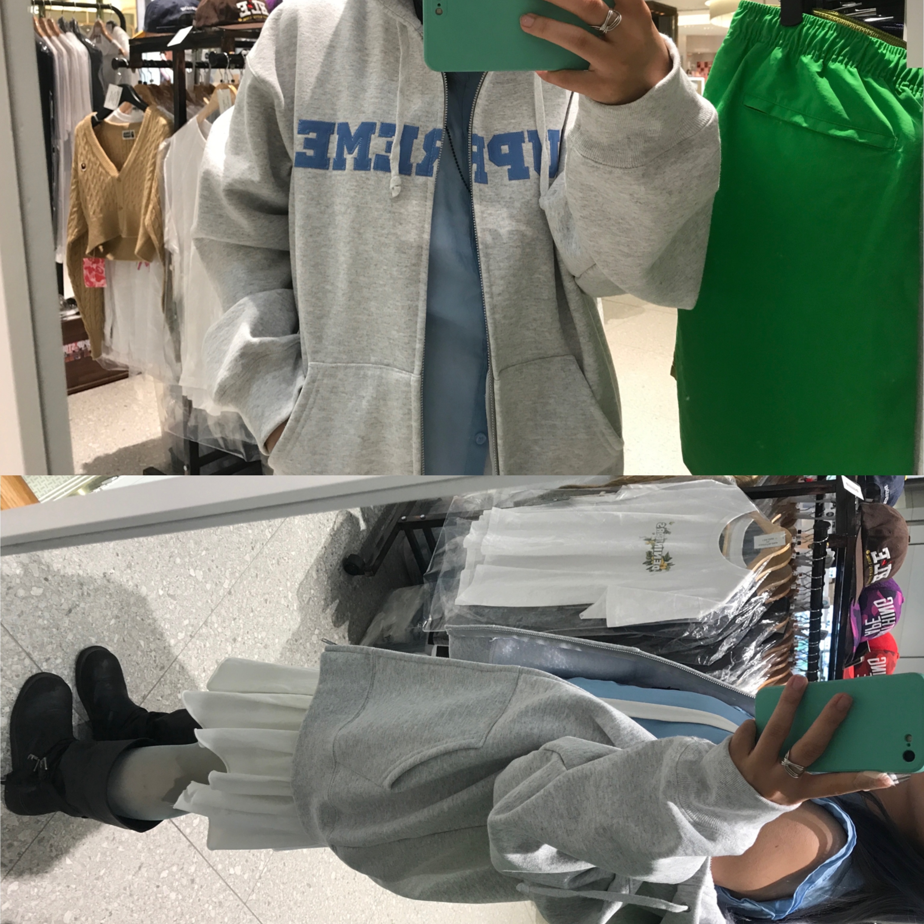 Stussy Stock DSM New York Zip Hoodie Ash Heather, Supreme Collegiate Applique Zip Up Hooded Sweatshirt Ash Grey - 25FW 착용 스타일 - 5
