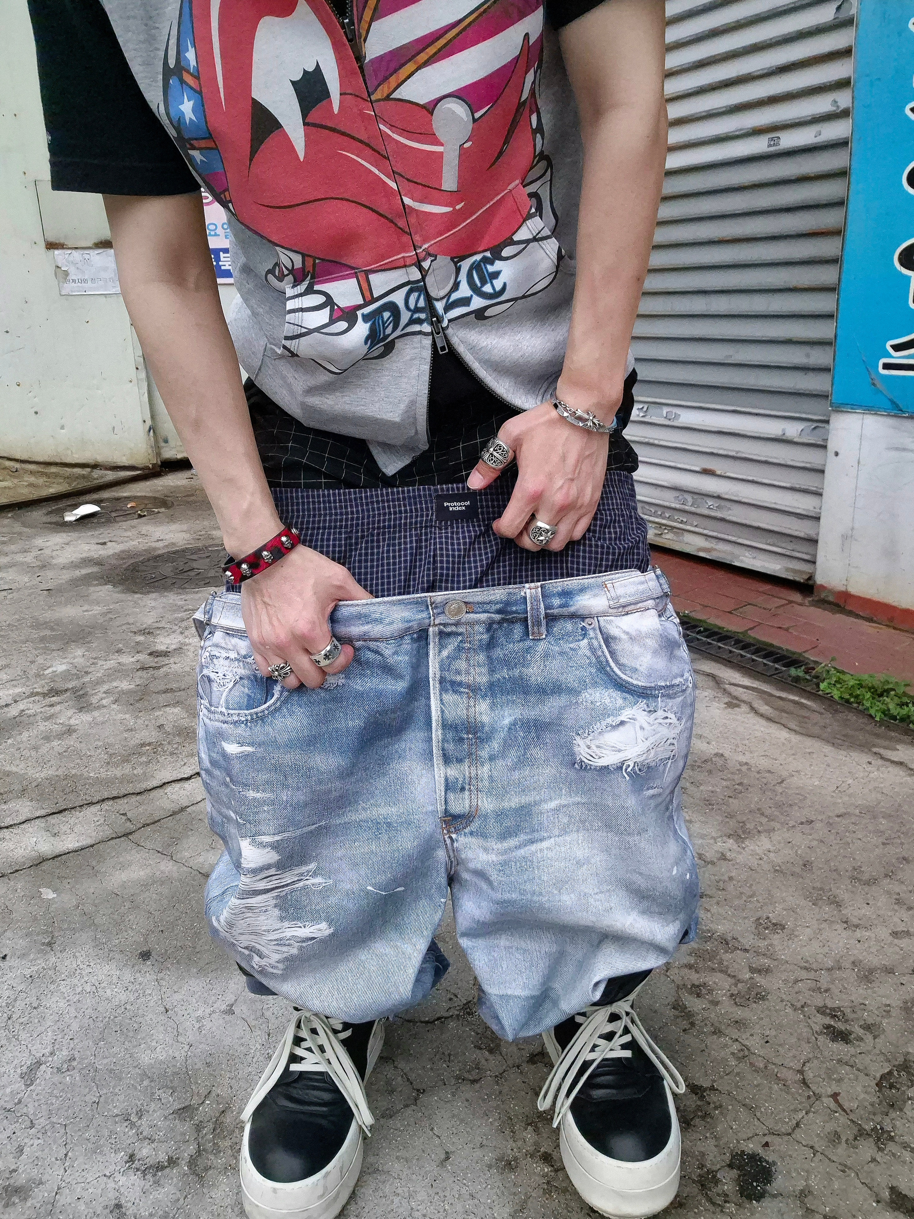 Protocol Index Trompe L'oeil Layered Pants Blue, Rick Owens Mega Bumper Geobasket Black Milk 착용 스타일 - 3