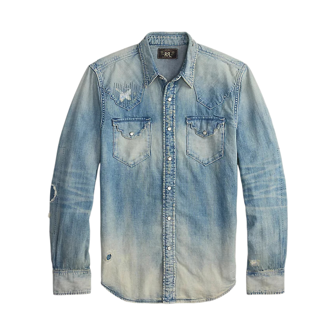 더블알엘 슬림핏 리페어 데님 웨스턴 셔츠 애딩턴 워시(Double RL Slim Repaired Denim Western Shirt Eddington Wash)