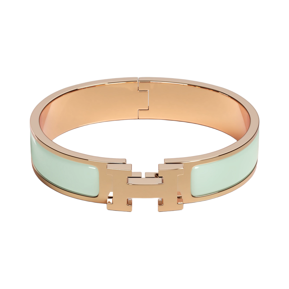 H700001FO6Z (W) Hermes Clic H Bracelet Plain Enamel & Rose Gold Vert Fizz