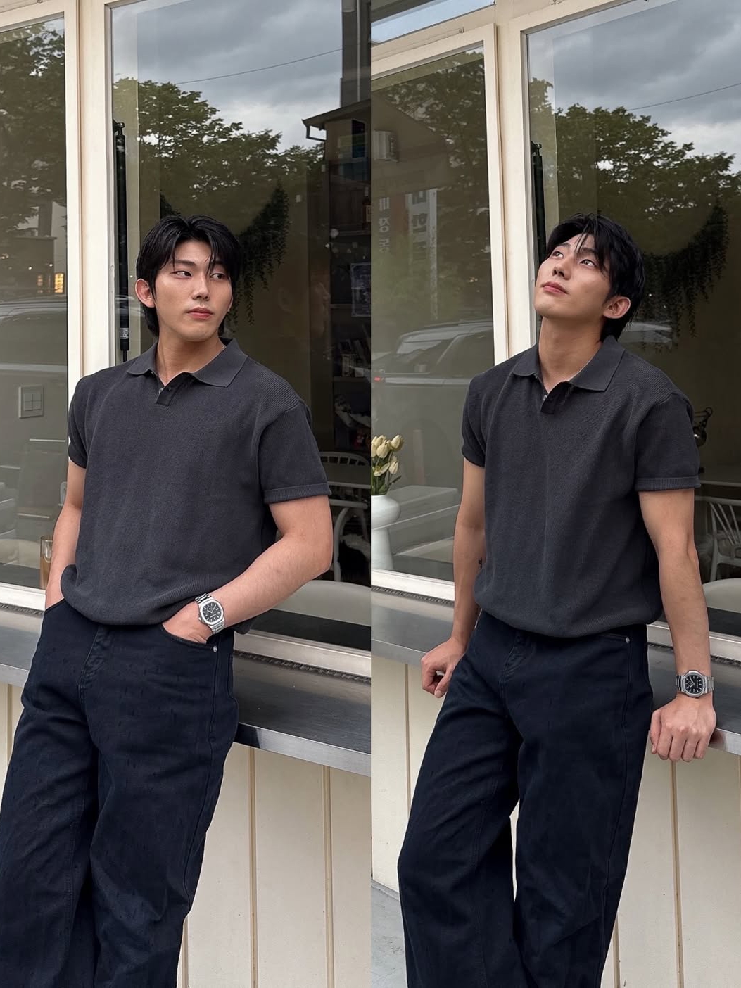 Knitted Coolever Crop Half Knit T-shirt Charcoal, Knitted Coolever PK Crop Half Knit T-shirt BLACK 착용 스타일 - 3