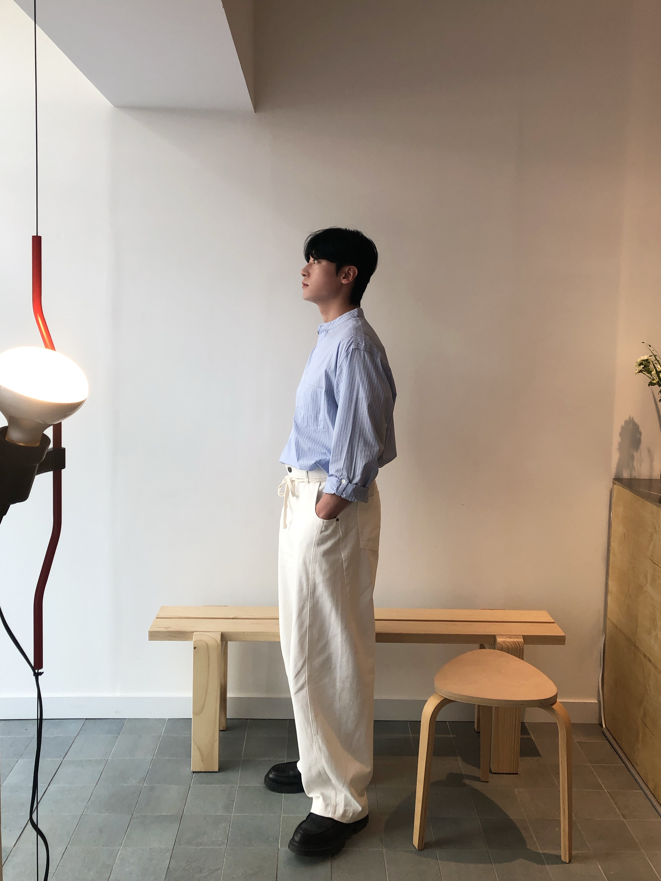 Knitted Curved Wide Denim Pants Cream 착용 스타일 - 3