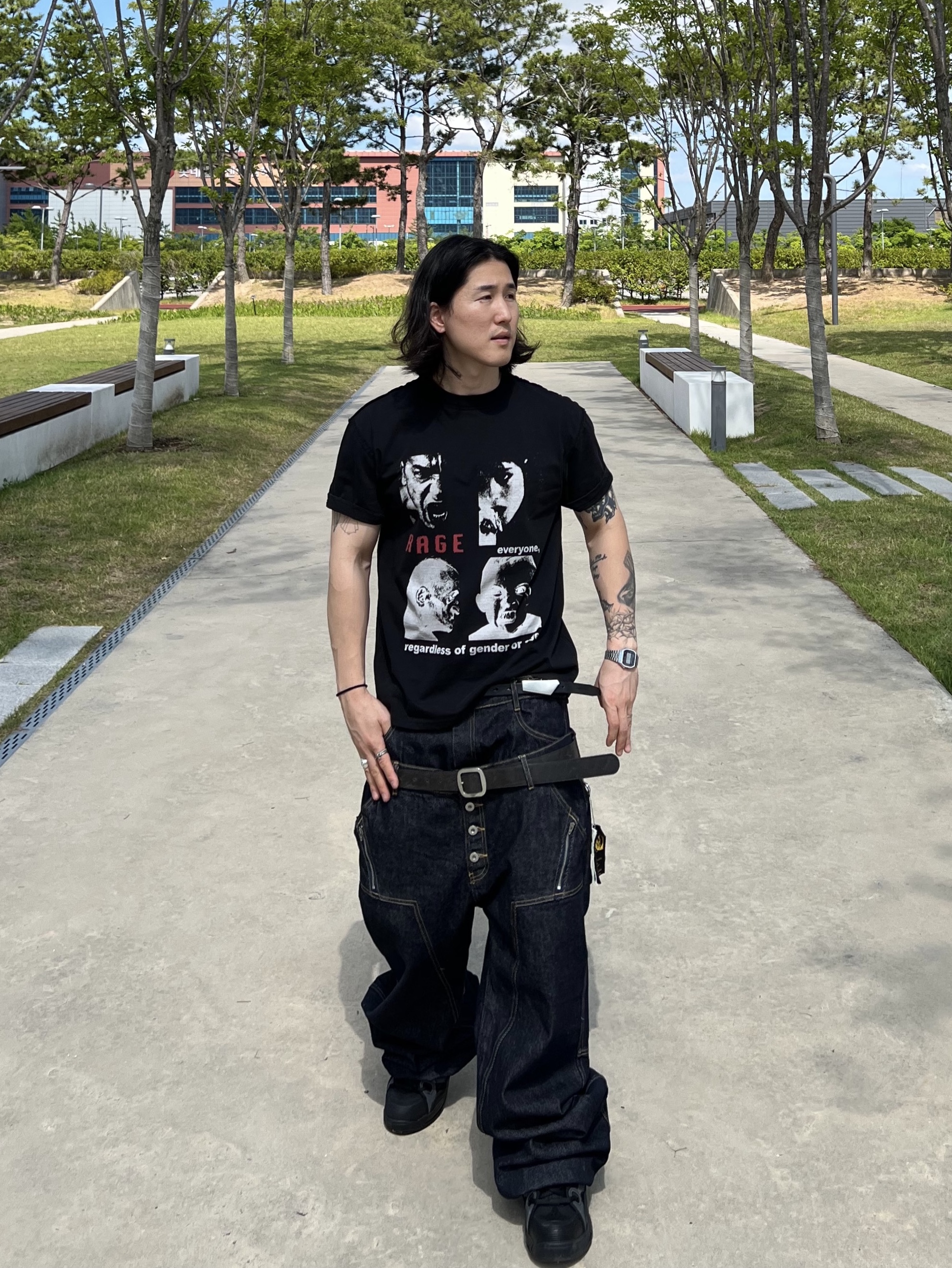 ROARINGRAD Double Obi Zip Denim Pants Indigo, [핏더새] Undermycar MU.128 Original Logo Cracked Leather Belt Silver / Black 착용 스타일 - 3