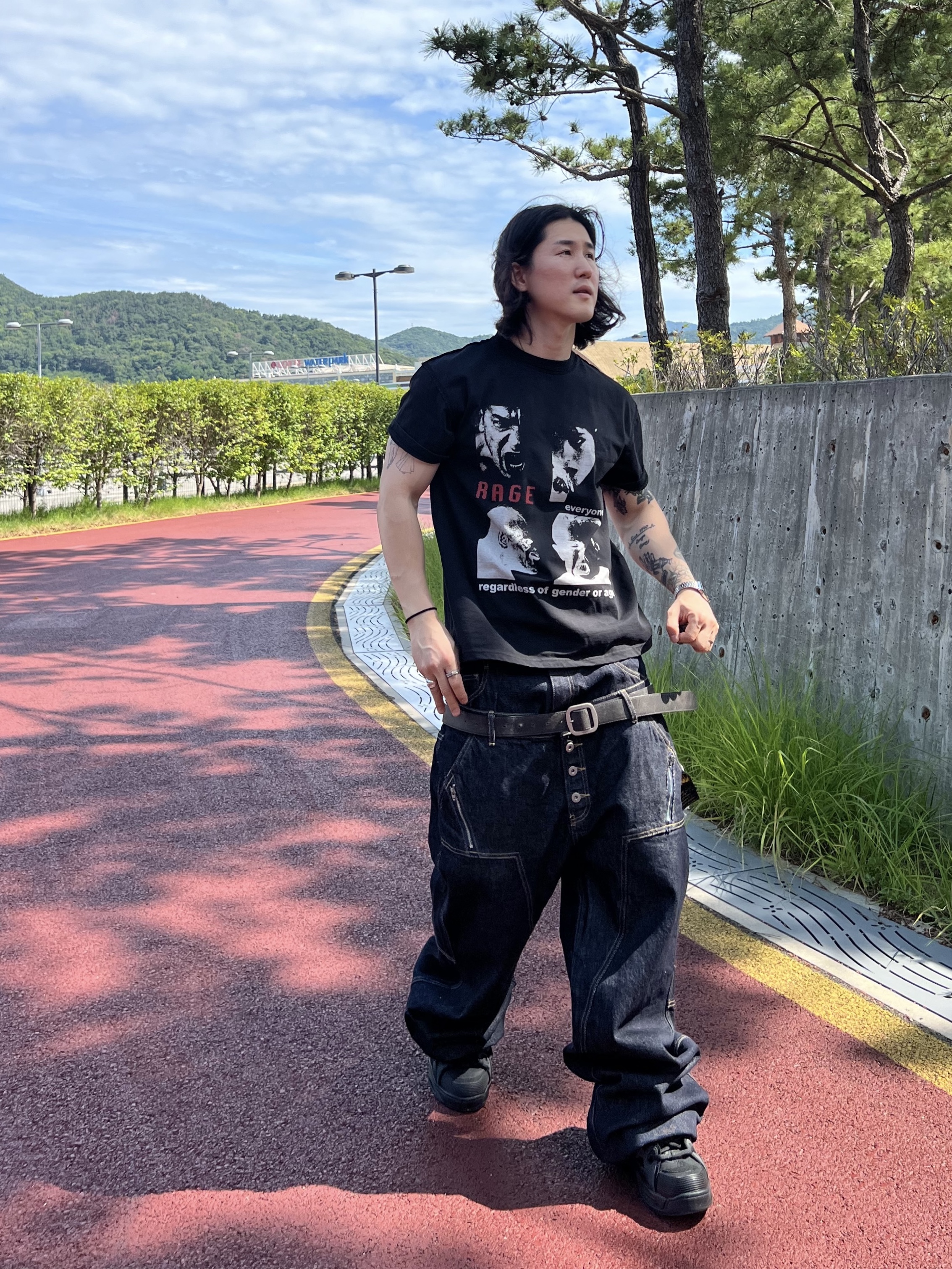 ROARINGRAD Double Obi Zip Denim Pants Indigo, [핏더새] Undermycar MU.128 Original Logo Cracked Leather Belt Silver / Black 착용 스타일 - 9