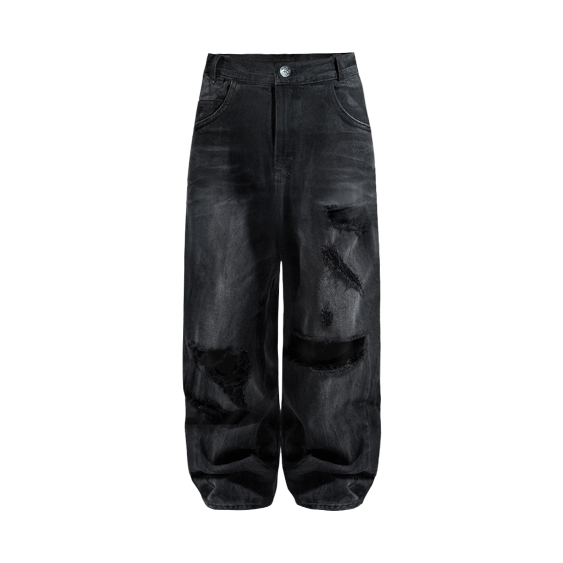 에이엑스커넥션 디스트로이드 워시드 더블 백포켓 와이드 데님 팬츠 블랙(AX CONNECTION Destroyed Washed Double Back Pocket Wide Denim Pants Black)