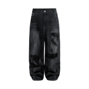 AX CONNECTION Destroyed Washed Double Back Pocket Wide Denim Pants Black