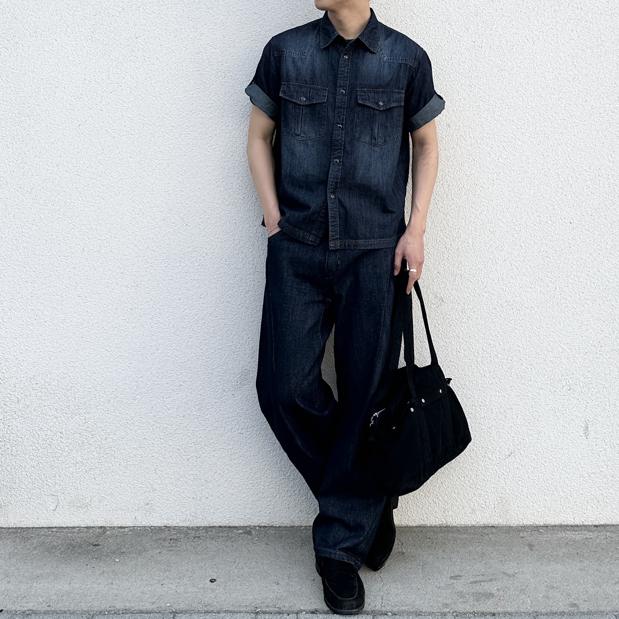 Millo Archive Leave Western Denim Shirt Deep Blue, Millo Archive Schema Belt Black 착용 스타일 - 2