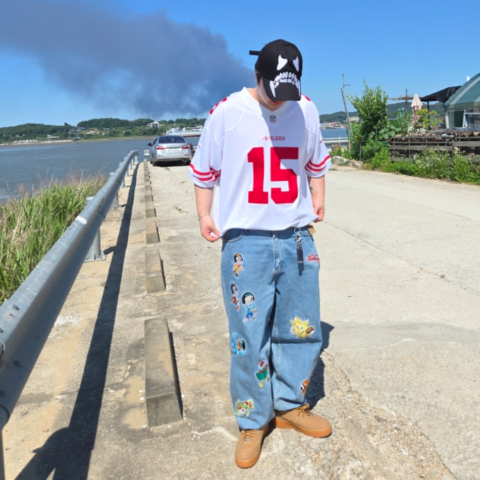 Nike x Supreme Air Force 1 Low Flax, WKNDRS x Kellogg's H.O.F Denim Pants Light Denim 착용 스타일 - 2