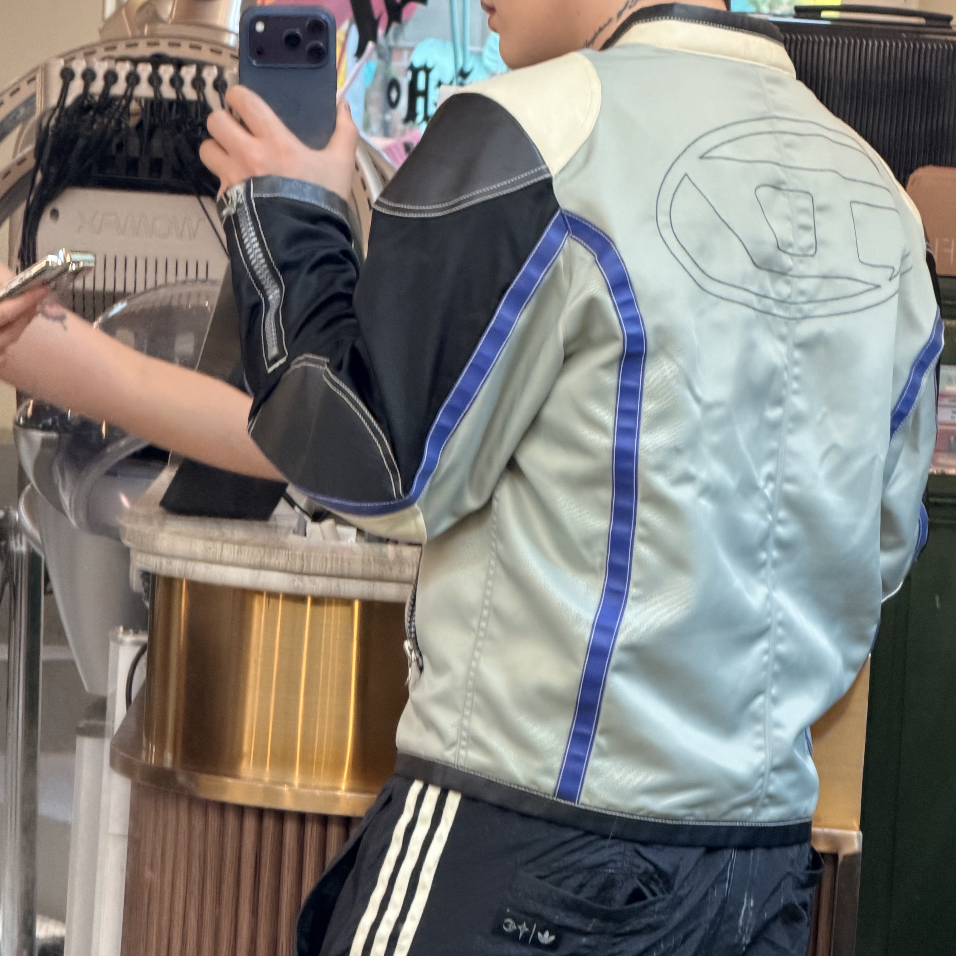 Diesel J-Kreator Biker Jacket in Colour-Block Nylon Black Grey, Adidas x Thug Club Woven Trackpants Black Silver Metallic - US Sizing 착용 스타일 - 2