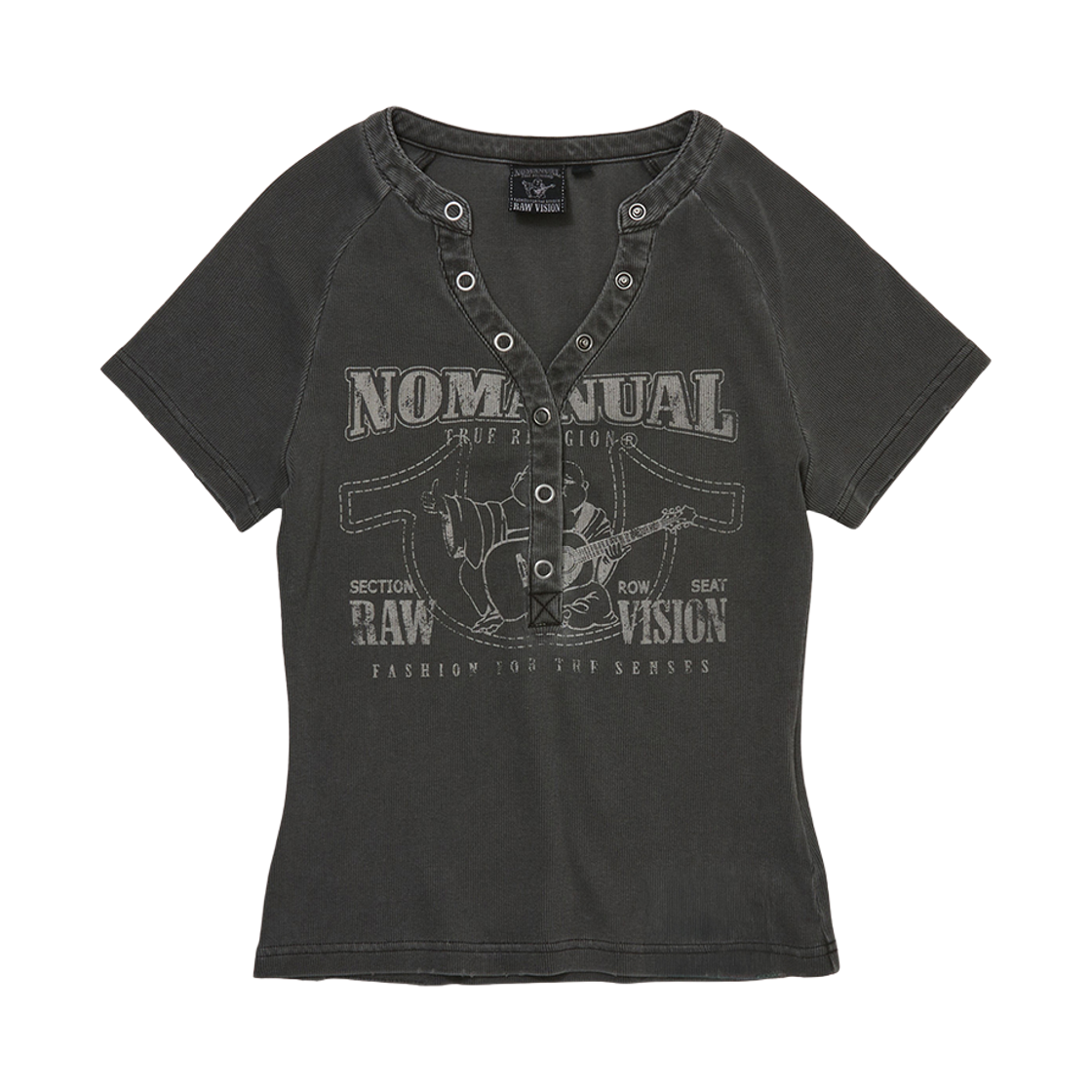 트루릴리젼 노 릴리젼 헨리 베이비 티 차콜(True Religion No Religion Henley Baby Tee Washed Charcoal)