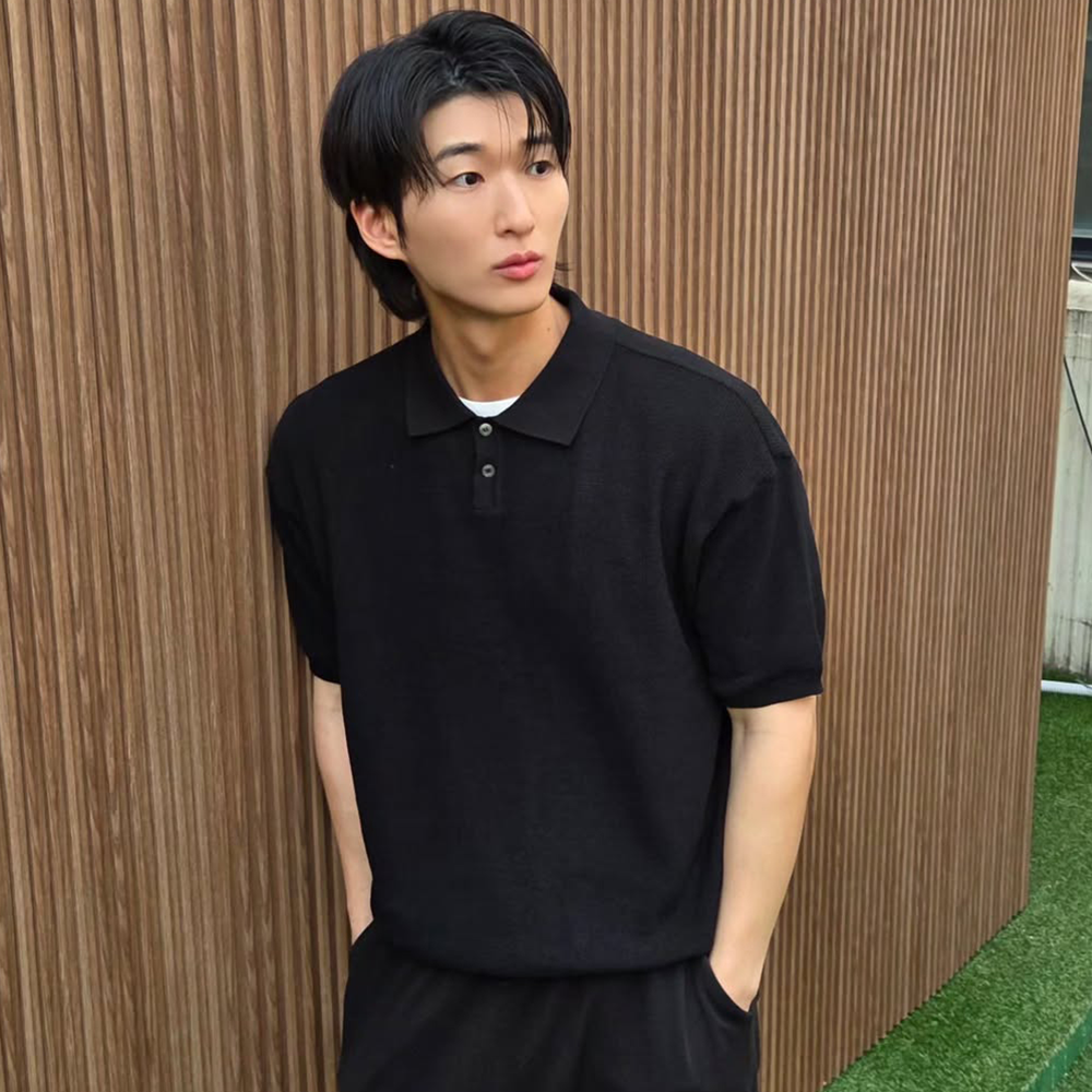 니티드 쿨에버 PK 크롭 반팔 니트티 블랙(Knitted Coolever PK Crop Half Knit T-shirt BLACK) - 2