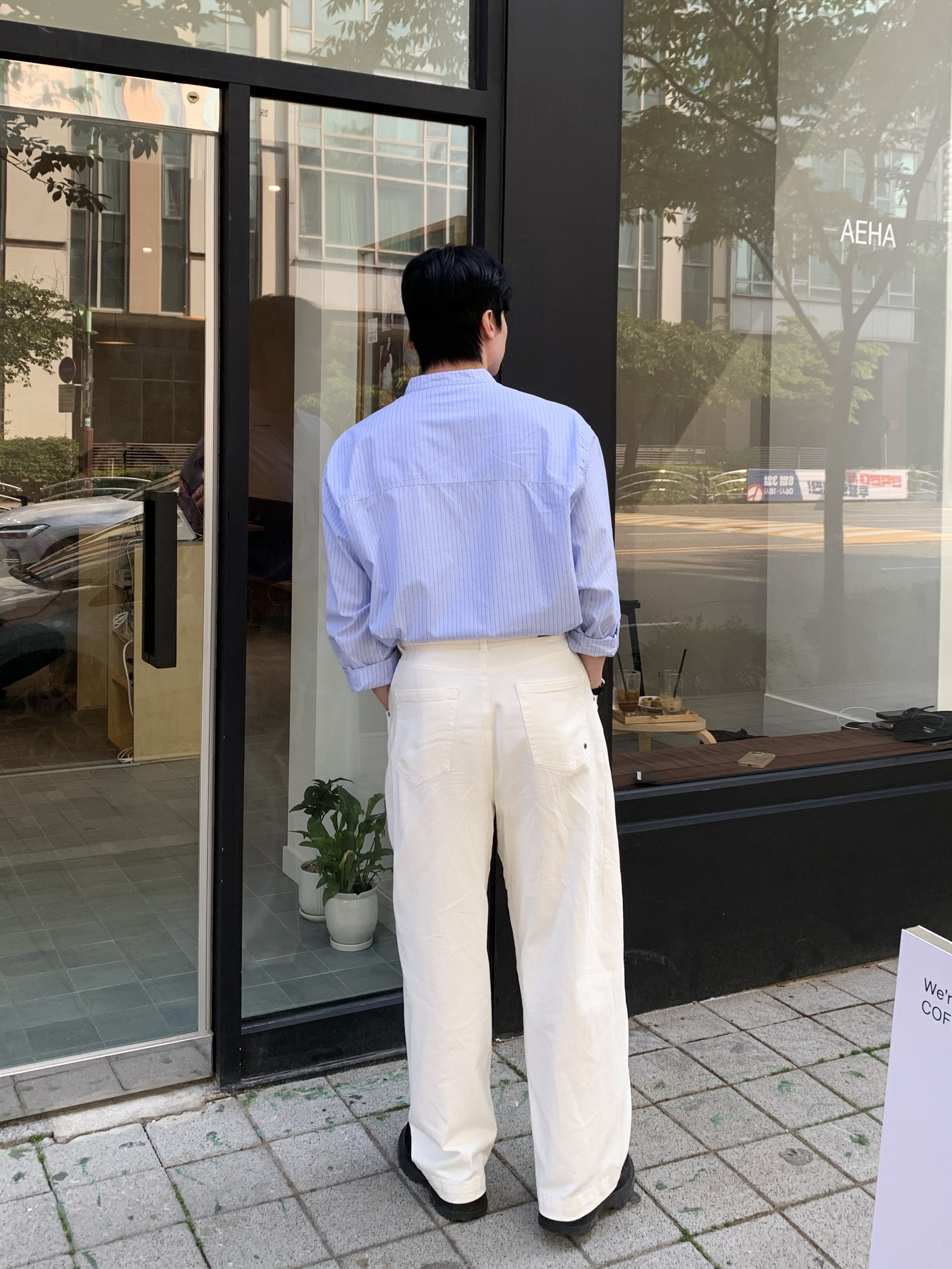 Knitted Curved Wide Denim Pants Cream 착용 스타일 - 6