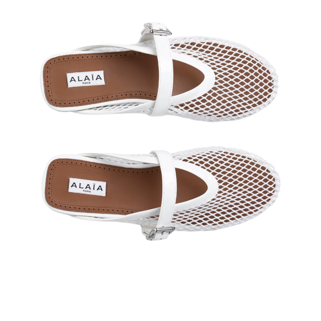 (W) 알라이아 피쉬넷 플랫 뮬 옵티컬 화이트((W) Alaia Flats Mules in Fishnet Optical White) - 2