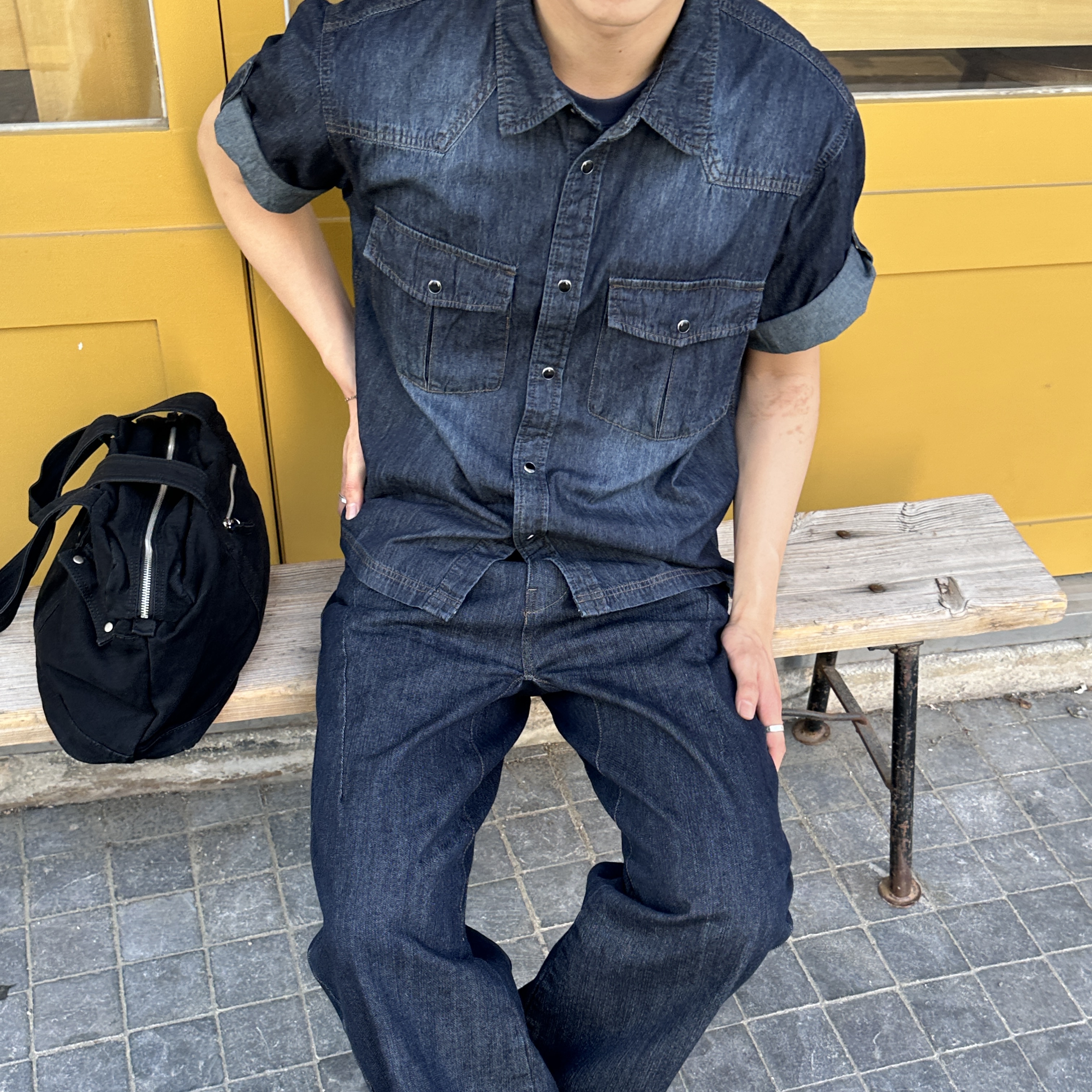 Millo Archive Leave Western Denim Shirt Deep Blue, Millo Archive Schema Belt Black 착용 스타일 - 4
