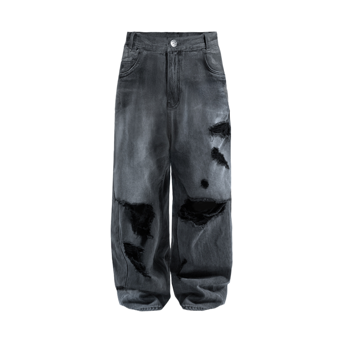 에이엑스커넥션 디스트로이드 워시드 더블 백포켓 와이드 데님 팬츠 그레이(AX CONNECTION Destroyed Washed Double Back Pocket Wide Denim Pants Grey)