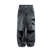 AX CONNECTION Destroyed Washed Double Back Pocket Wide Denim Pants Grey
