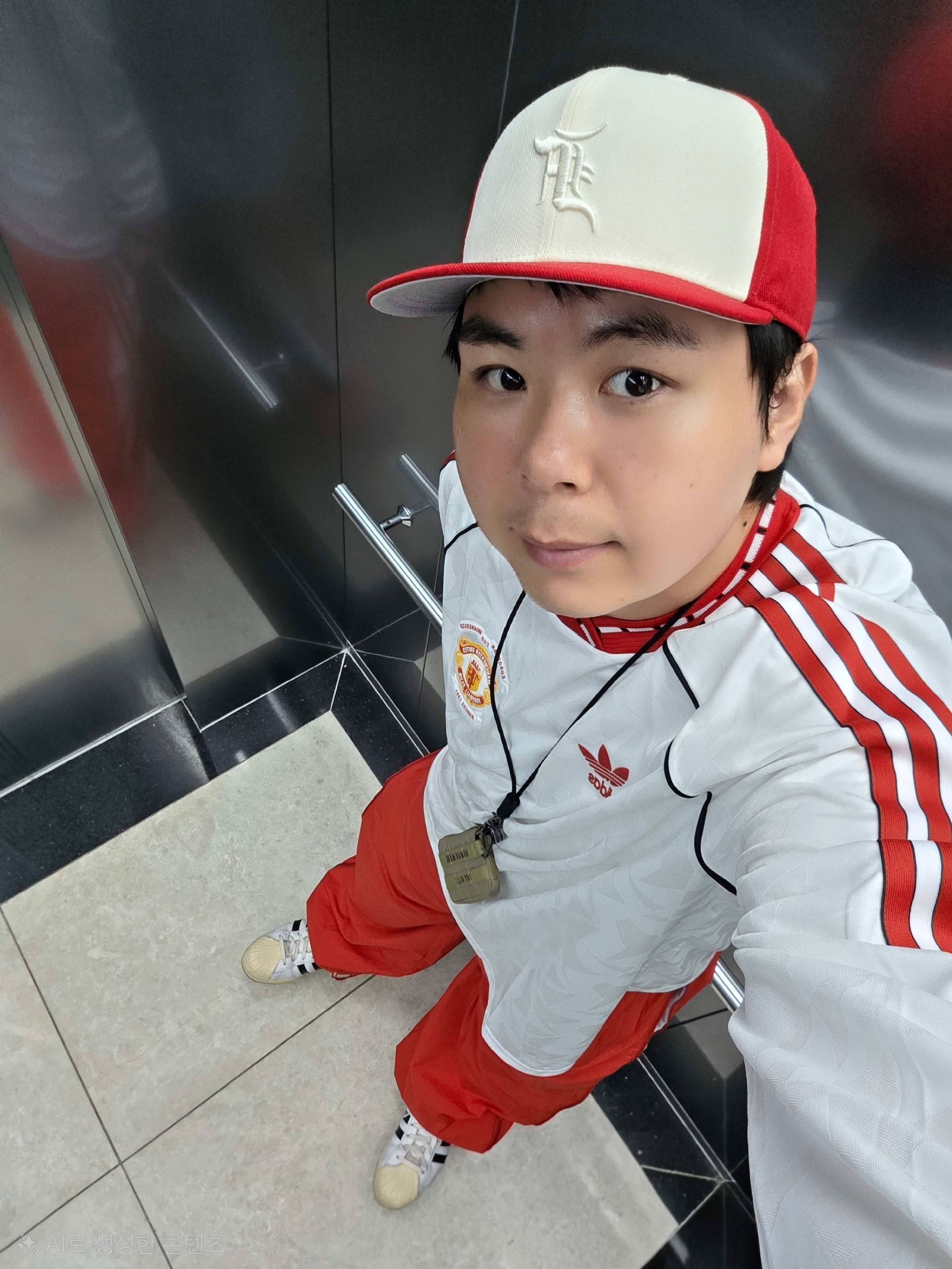Essentials x New Era 59FIFTY Fitted Cap Scarlet, Adidas Manchester United 91 Away Long Sleeve Jersey White - KR Sizing 착용 스타일 - 4