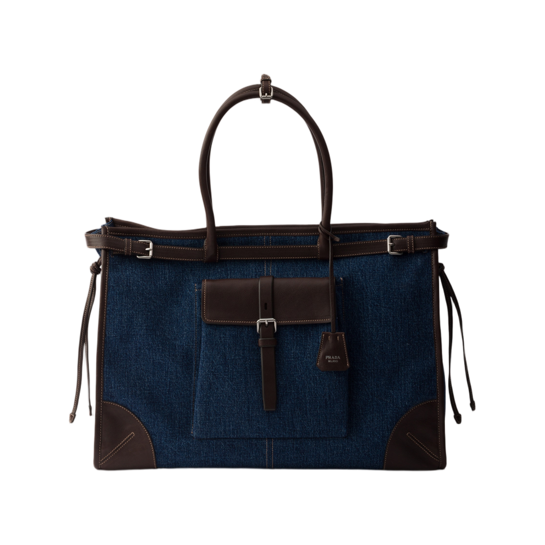 2VG128-2GCF-F0C1B Prada Bonnie Denim and Leather Tote Bag Blue Coffee