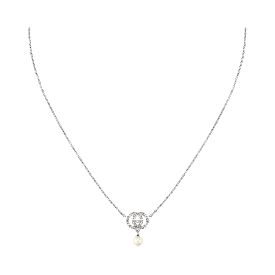 A00095-J9740-8524 (W) Gucci Crystal Pearl Necklace Silver