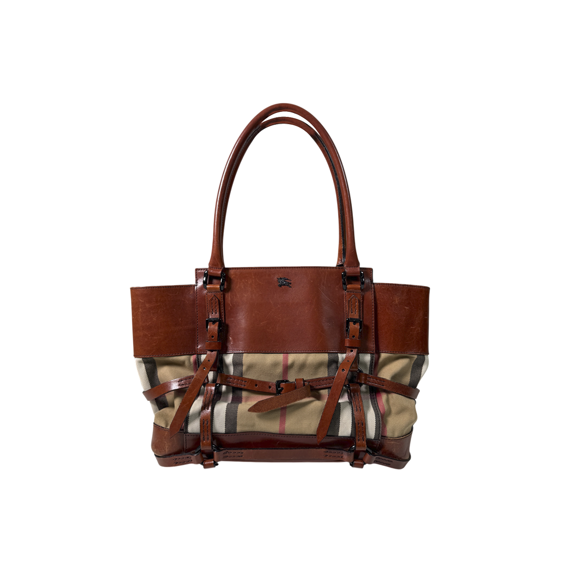버버리 프로섬 체크 레더 하우스 사첼 토트백 숄더백 브라운 3337871(Burberry Prosum Check Leather House Satchel Tote Bag Brown 3337871) - 1