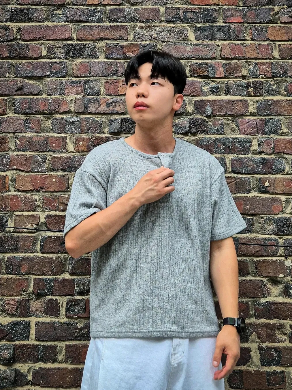 Knitted Henley Neck Crop Knit T-Shirts Grey 착용 스타일 - 2