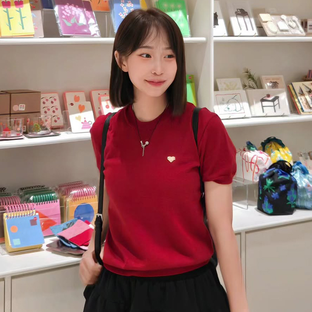 니티드 여성 베이직 에센셜 워셔블 라운드 반팔 니트 레드(Knitted W Basic Essential Washable Round Half Knit Red) - 2