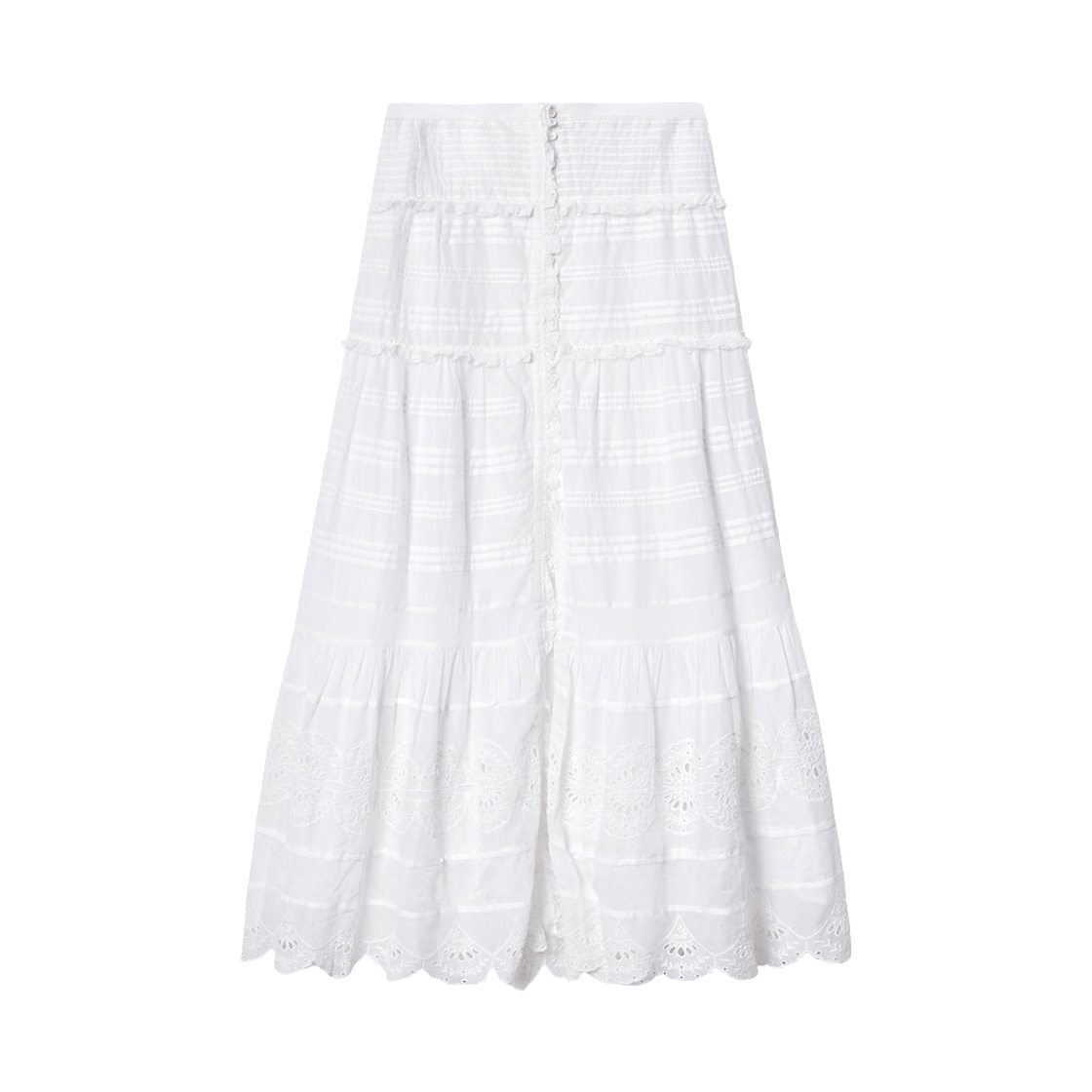 (W) 이자벨 마랑 파올린 프릴 코튼 앤 플로럴 레이스 스커트 화이트((W) Isabel Marant Paoline Frilly Cotton and Floral Lace Skirt White)