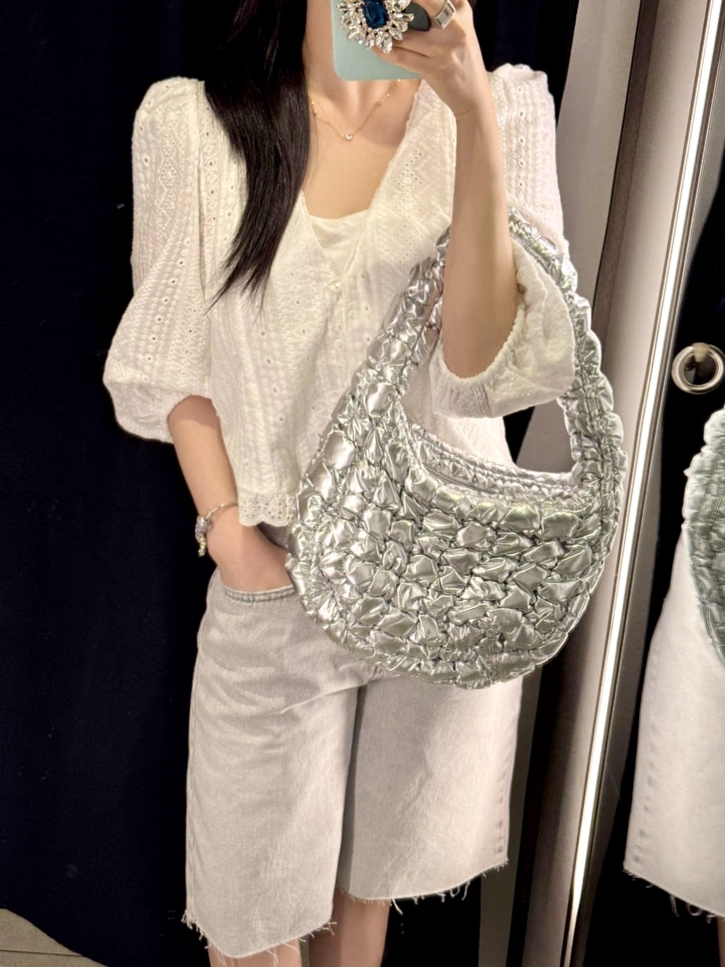 (W) Pandora Moments Open Bangle Sterling Silver, COS Quilted Mini Bag Silver 착용 스타일 - 1