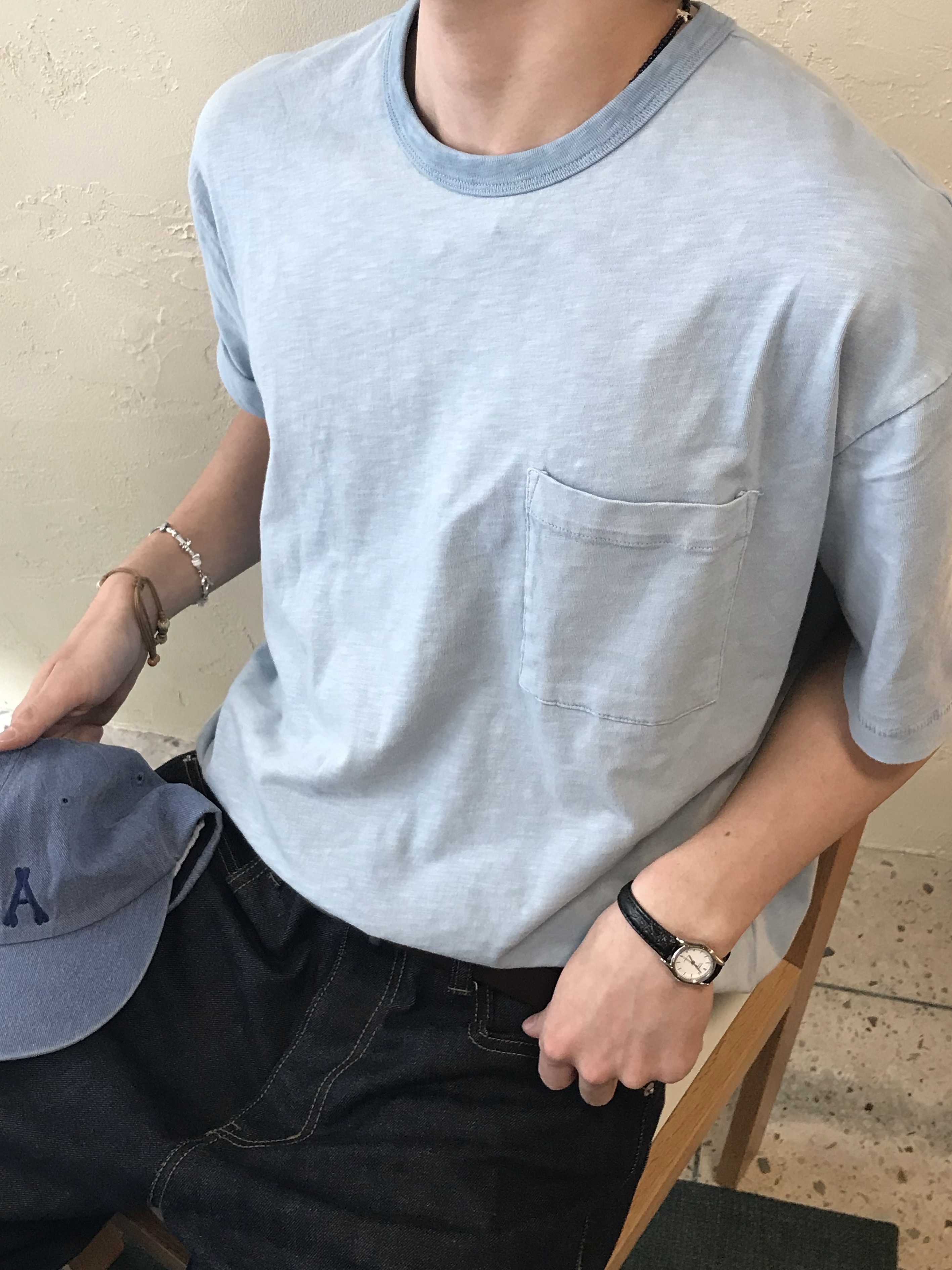 (M) SUNDAY CEREMONY Natural Dyed Basic Slub Tee - Ash Indigo, TAMIKA ZIP Bone Cap_Denim 착용 스타일 - 4