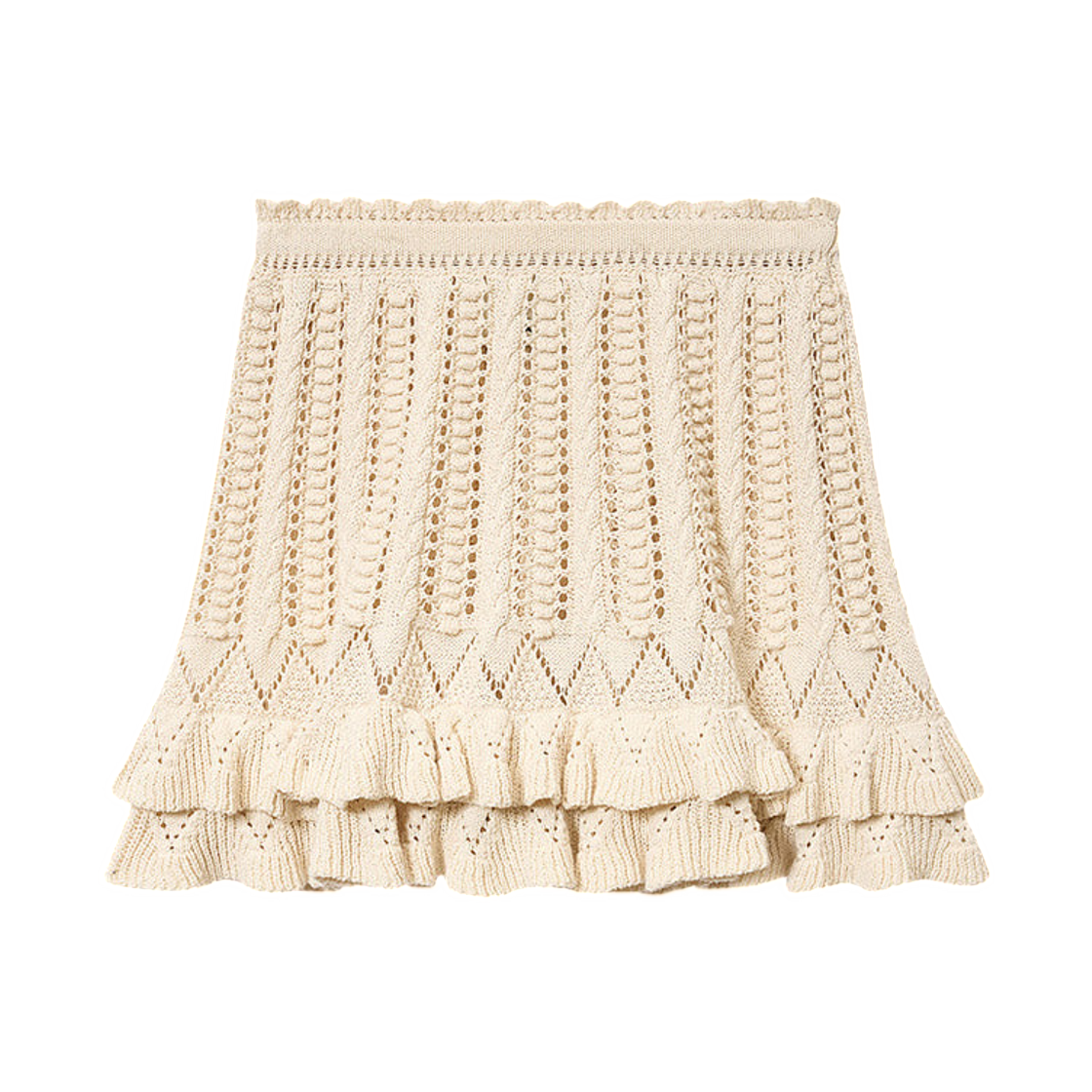JU0473FA-D1L04E-23EC (W) Isabel Marant Nelle Flared Frilly Cotton Knit Skirt Ecru