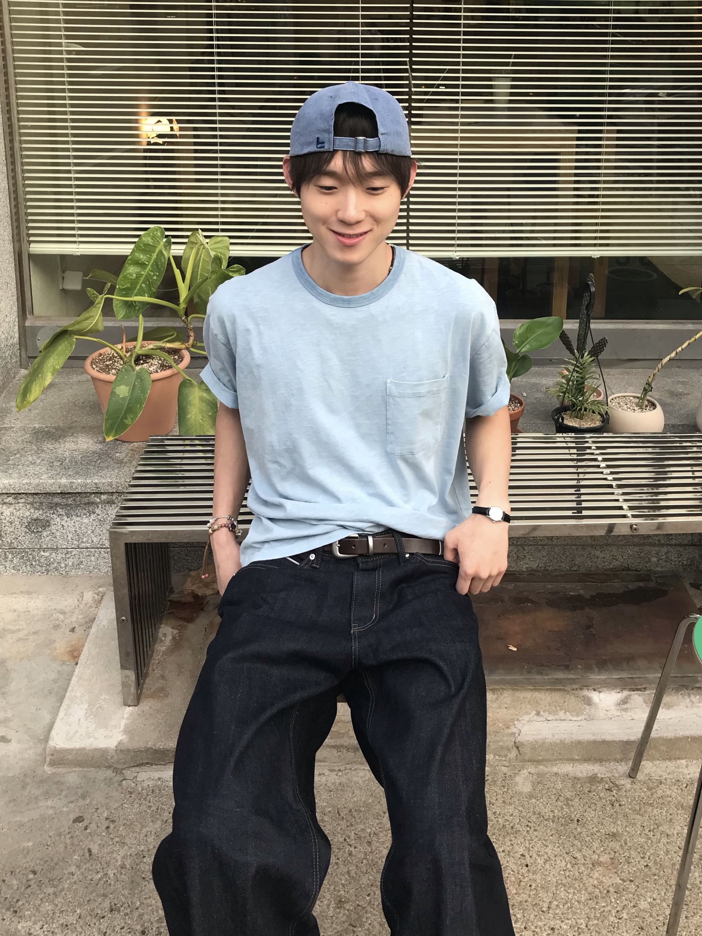 (M) SUNDAY CEREMONY Natural Dyed Basic Slub Tee - Ash Indigo, TAMIKA ZIP Bone Cap_Denim 착용 스타일 - 3