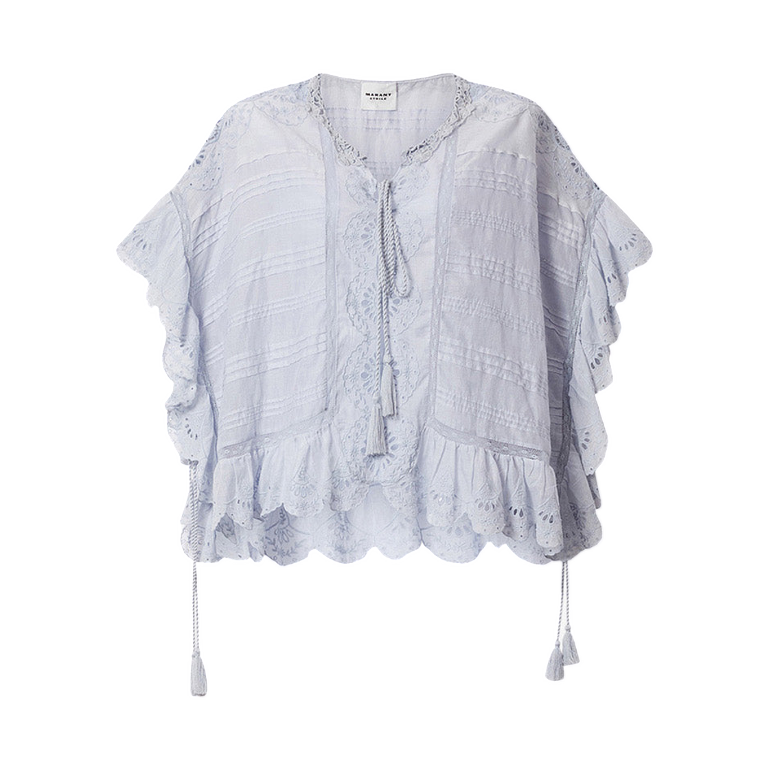 HT0768FA-D1J05E-30LU (W) Isabel Marant Payton Caftan Style Cotton and Floral Lace Top Light Blue