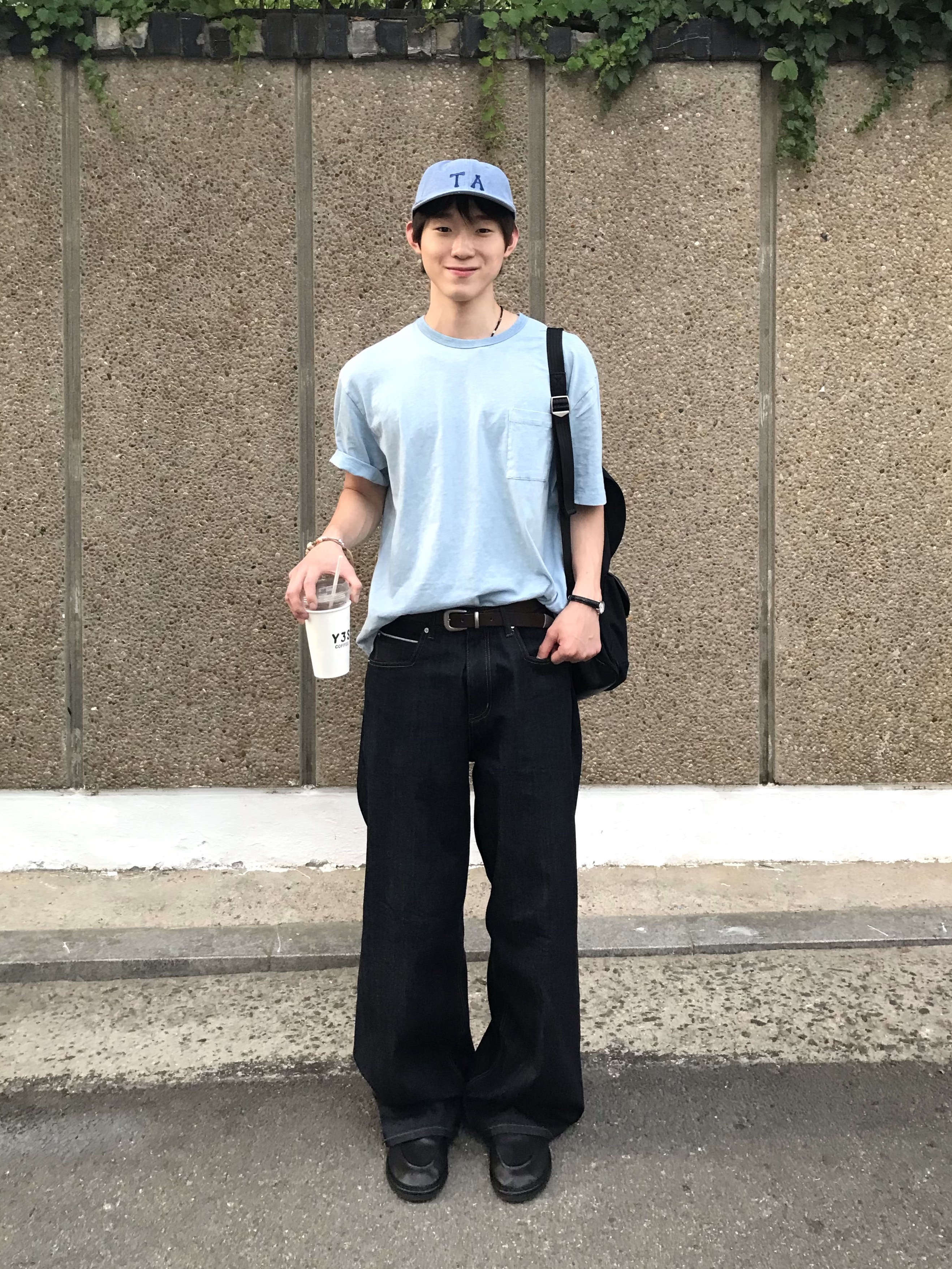 (M) SUNDAY CEREMONY Natural Dyed Basic Slub Tee - Ash Indigo, TAMIKA ZIP Bone Cap_Denim 착용 스타일 - 2