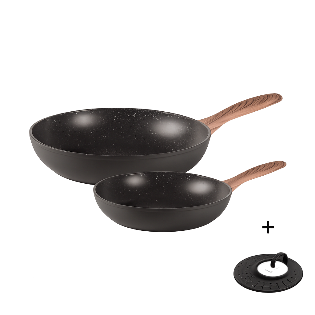 삼보넷 락앤로즈 블랙 후라이팬 2종 (20+28cm)+BRK튐방지뚜껑(Sambonet Rock & Rose Black Frypan 2‑Piece Set (20cm + 28cm) + BRK Splatter Guard Lid)